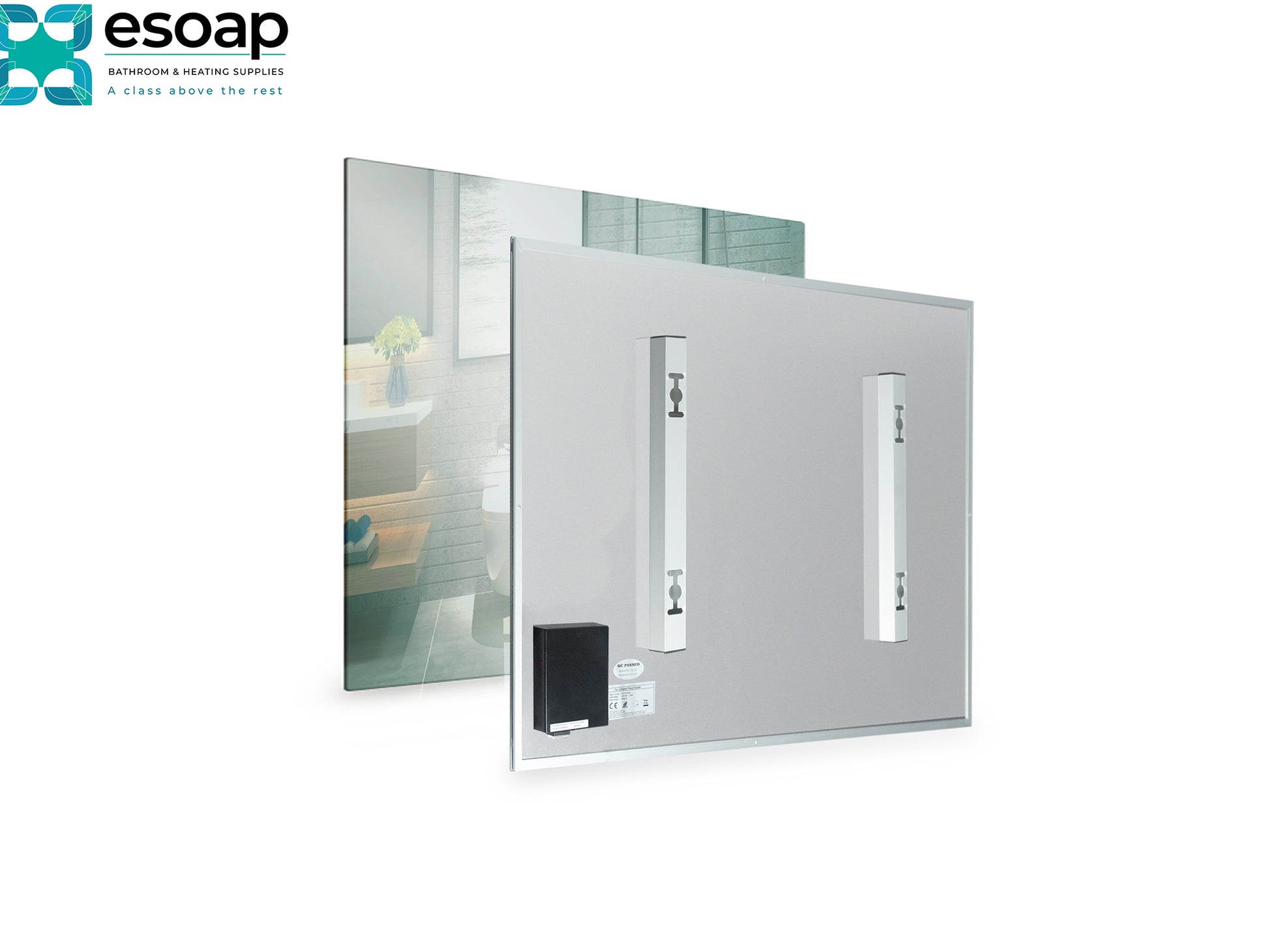 Front and back of 320W Mirrored Wi-Fi Infrared Heating Panel on a white background, featuring the Esoap brand.