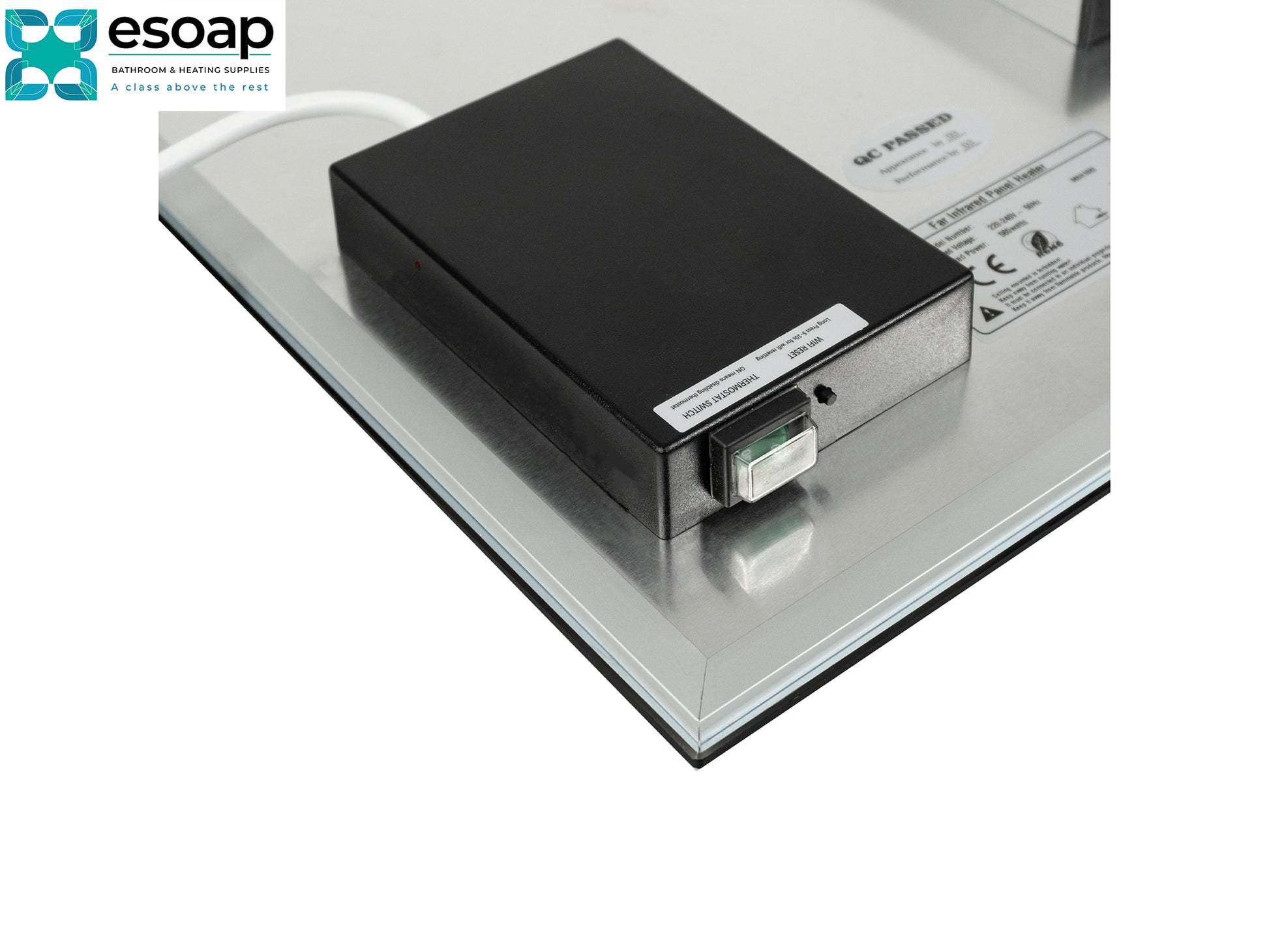 Black electronic device on a white platform with 'esoap' branding for 320W Mirrored Wi-Fi Infrared Heating Panel