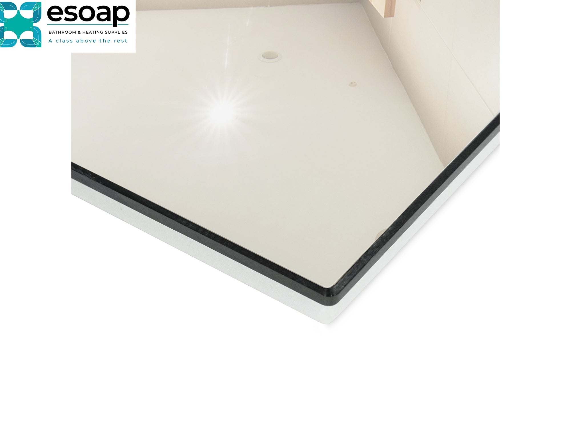 Close-up of a320W Mirrored Wi-Fi Infrared Heating Panel on a white background, featuring the Esoap logo.