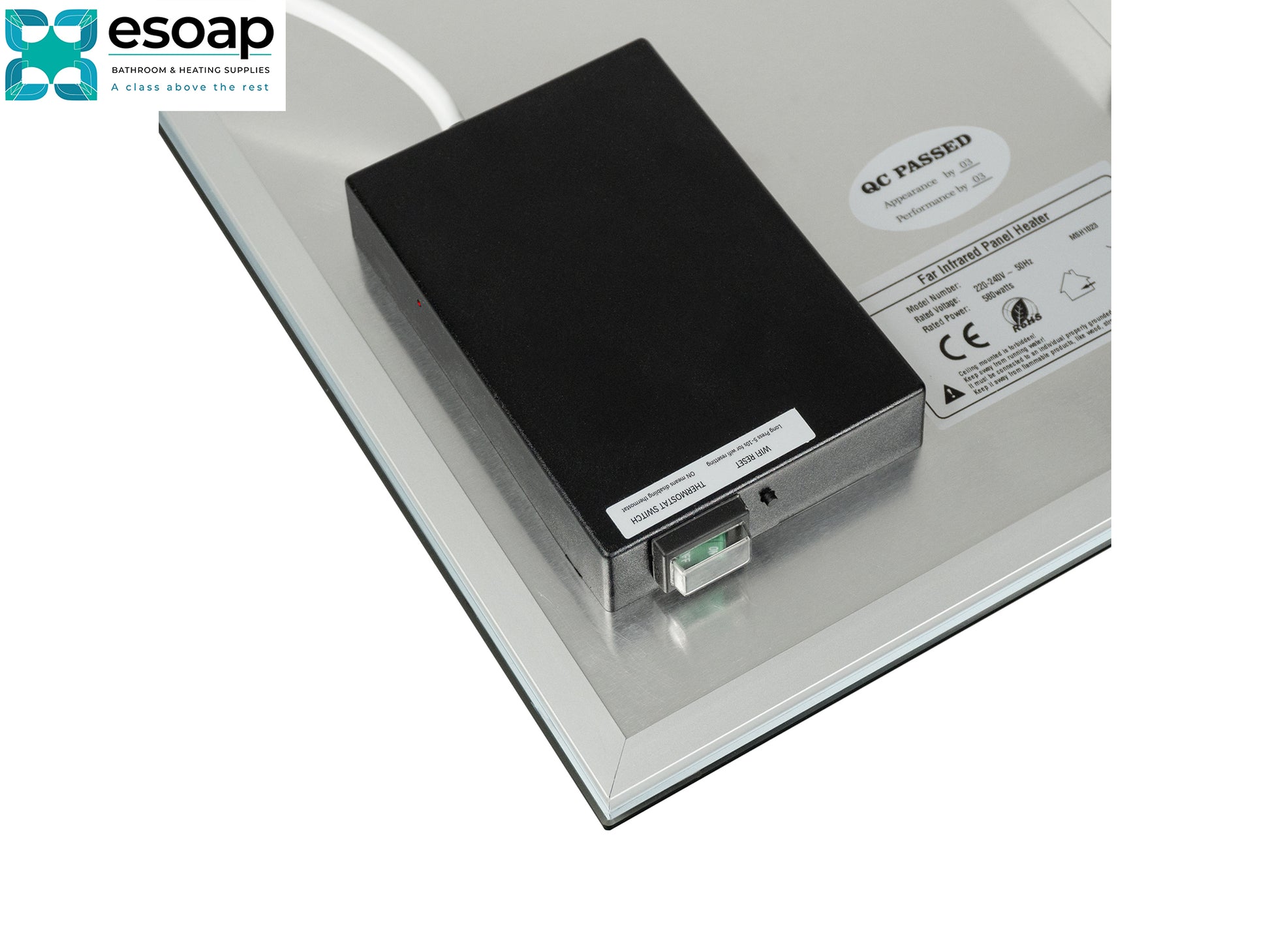 Black electronic device on a white platform with 'esoap' branding for 320W Mirrored Wi-Fi Infrared Heating Panel