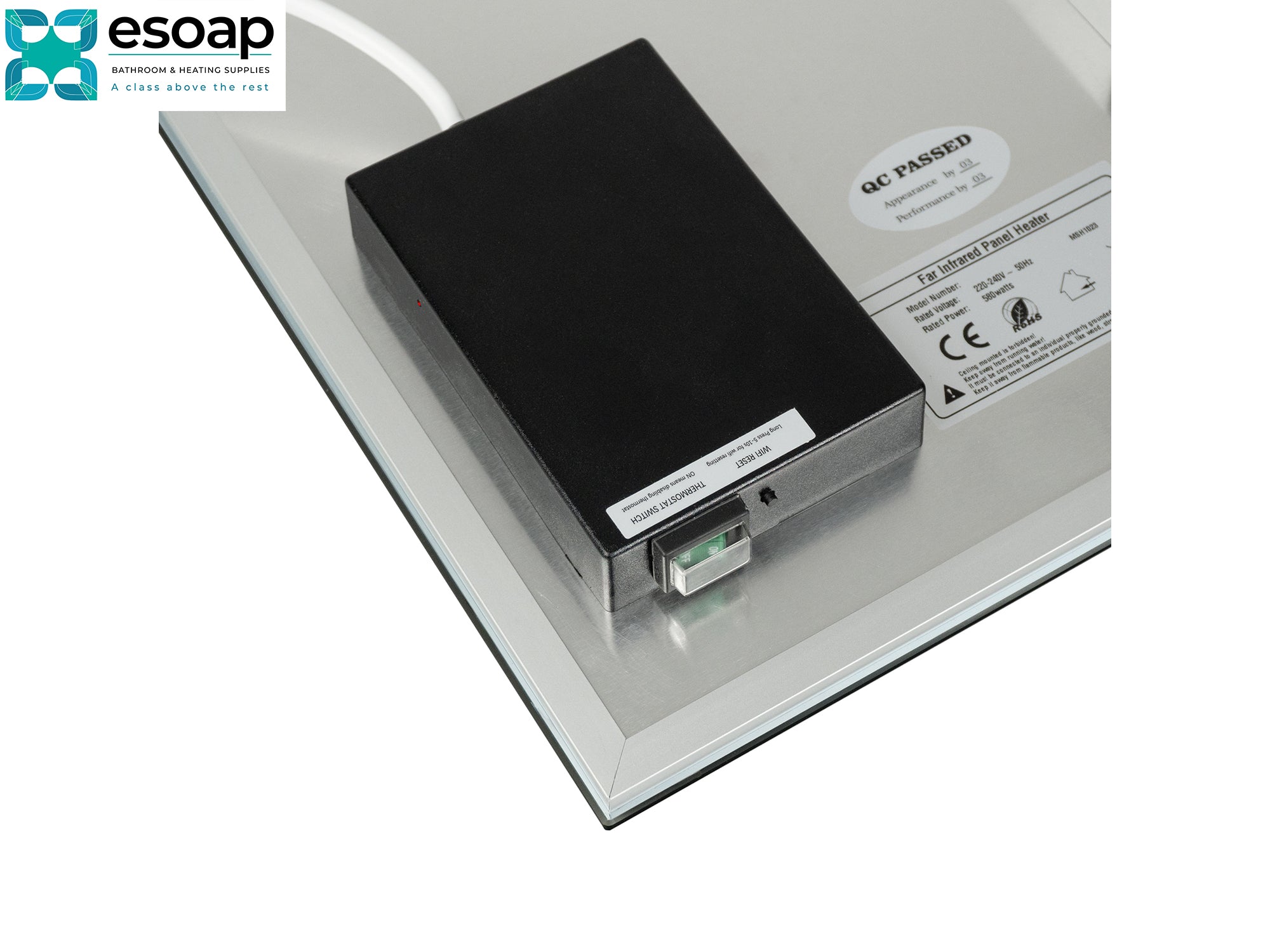 Black electronic device on a white platform with 'esoap' branding for 320W Mirrored Wi-Fi Infrared Heating Panel