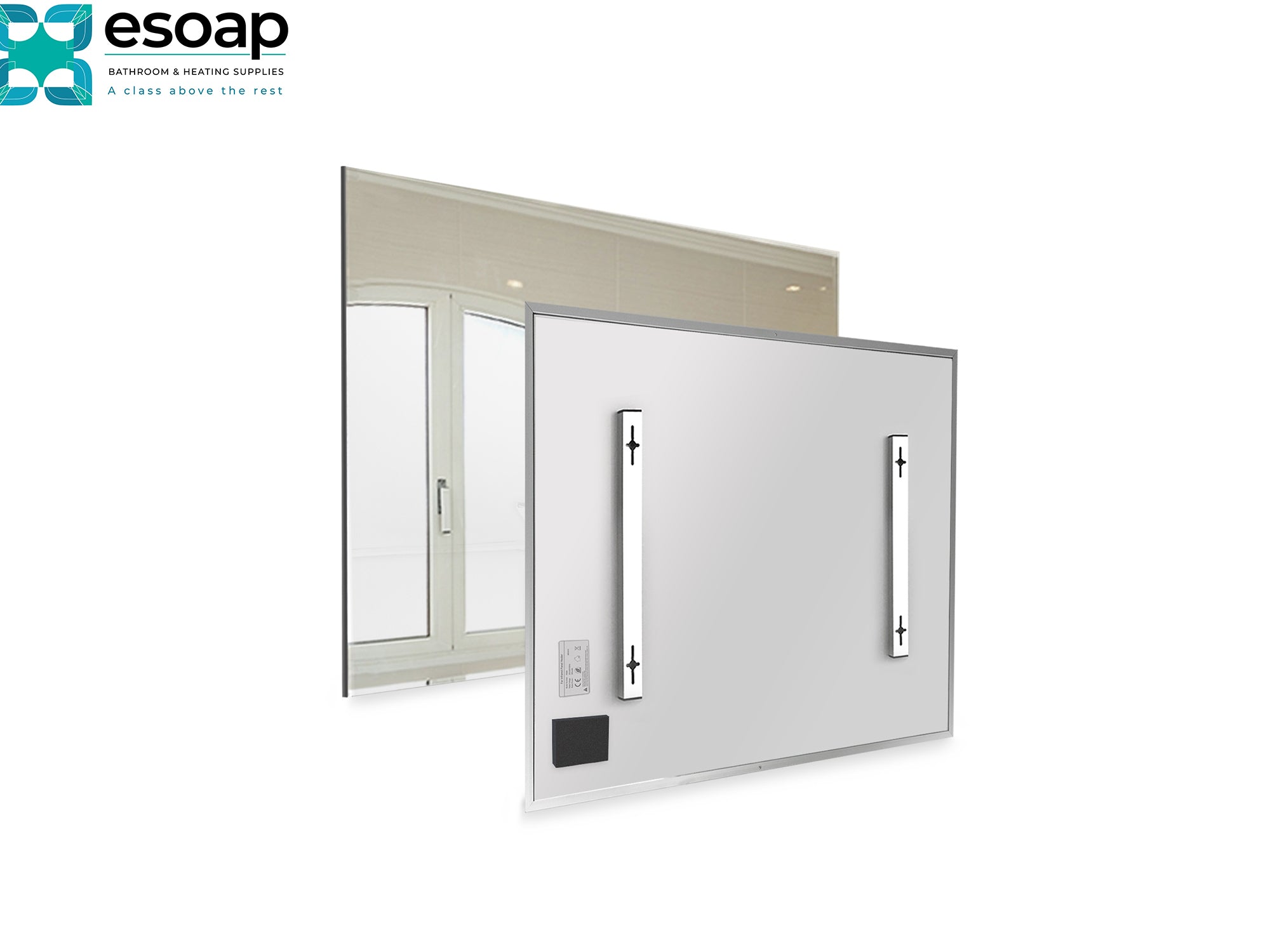 320W Mirrored Wi-Fi Infrared Heating Panel with brackets on a white background, featuring the Esoap logo.