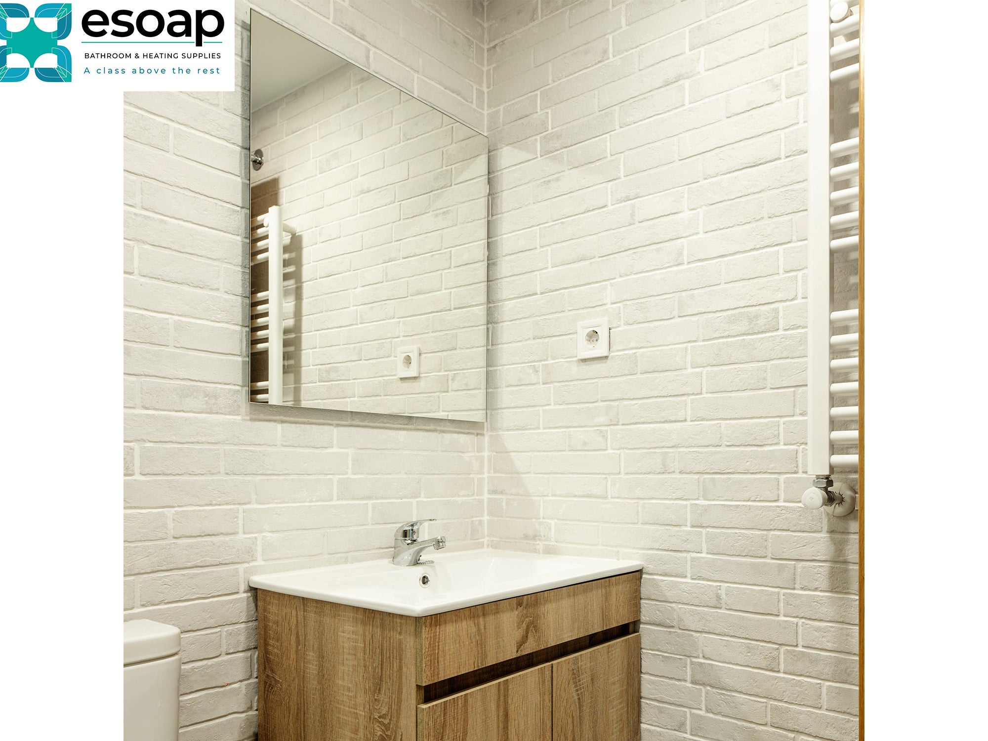Bathroom with white tiled walls, wooden vanity, and 320W Mirrored Wi-Fi Infrared Heating Panel. Esoap logo visible.