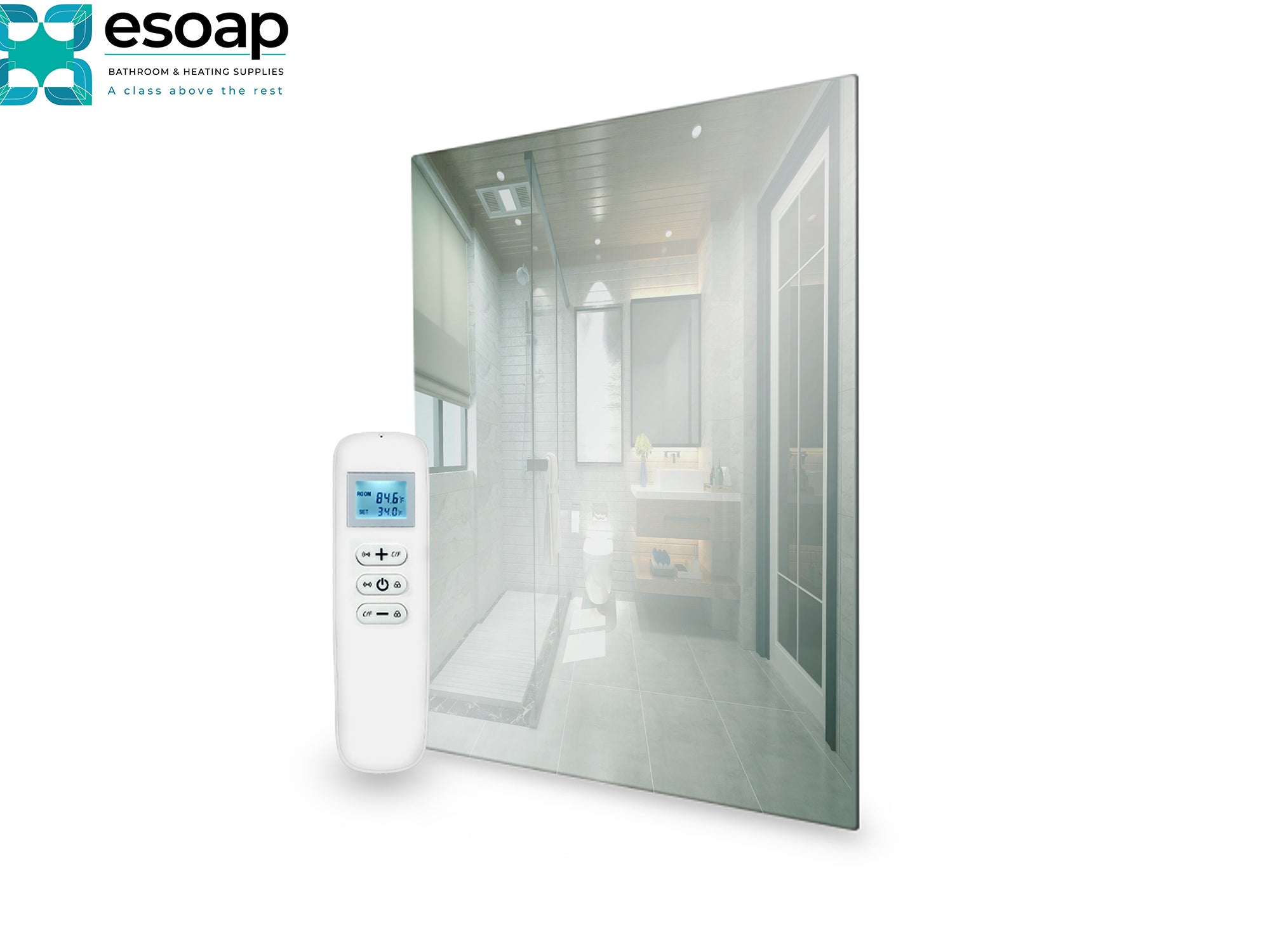 Personal remote control for 450W Mirrored Wi-Fi Infrared Heating Panel on a white background, featuring the Esoap brand.