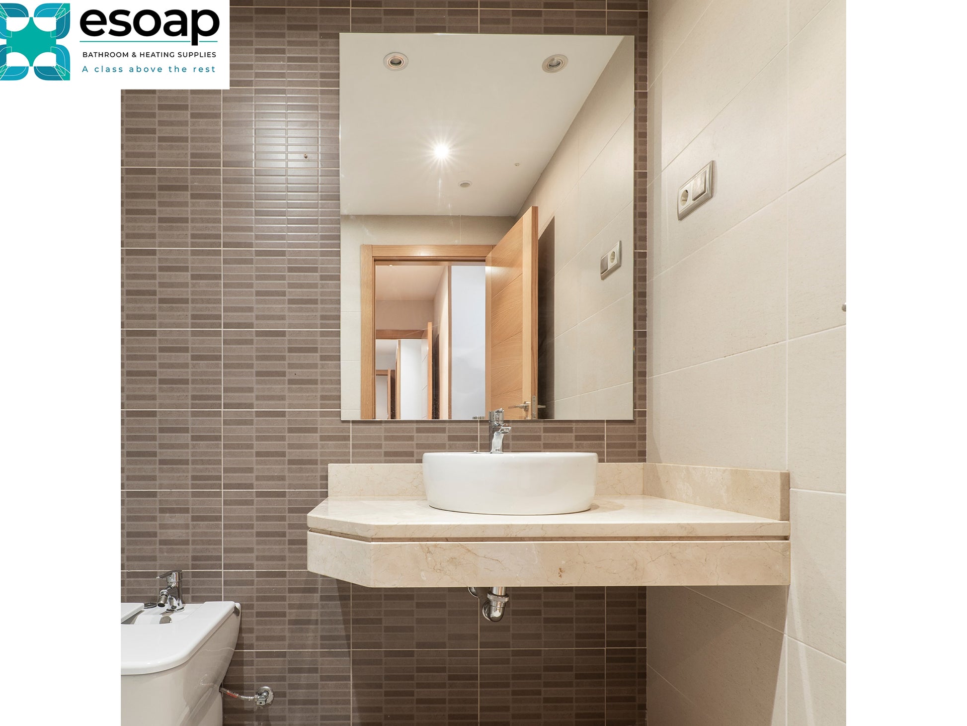 Bathroom with a sink and 450W Mirrored Wi-Fi Infrared Heating Panel, featuring the Esoap logo.