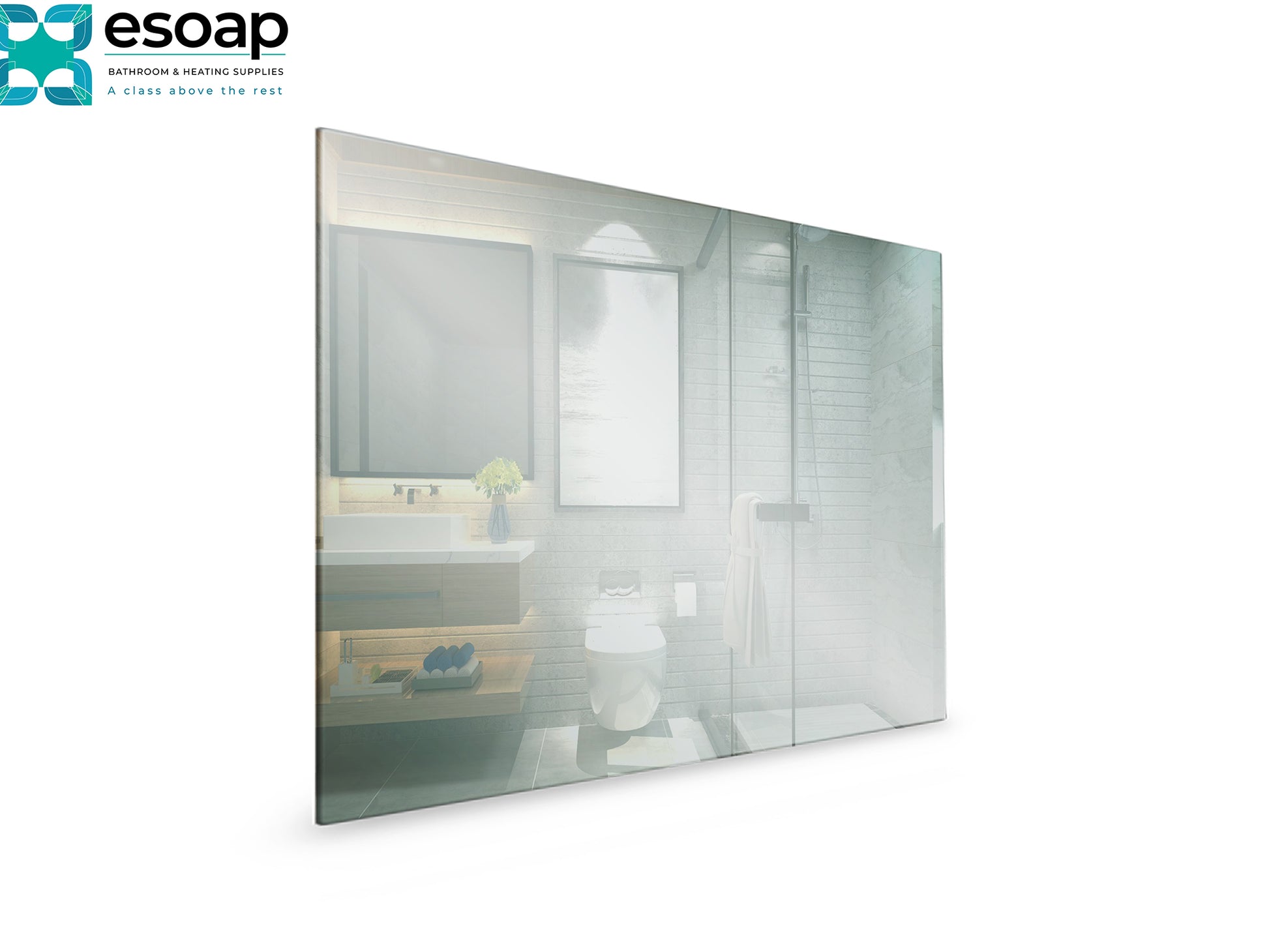 450W Mirrored Wi-Fi Infrared Heating Panel with a blurred interior view, featuring the Esoap logo.