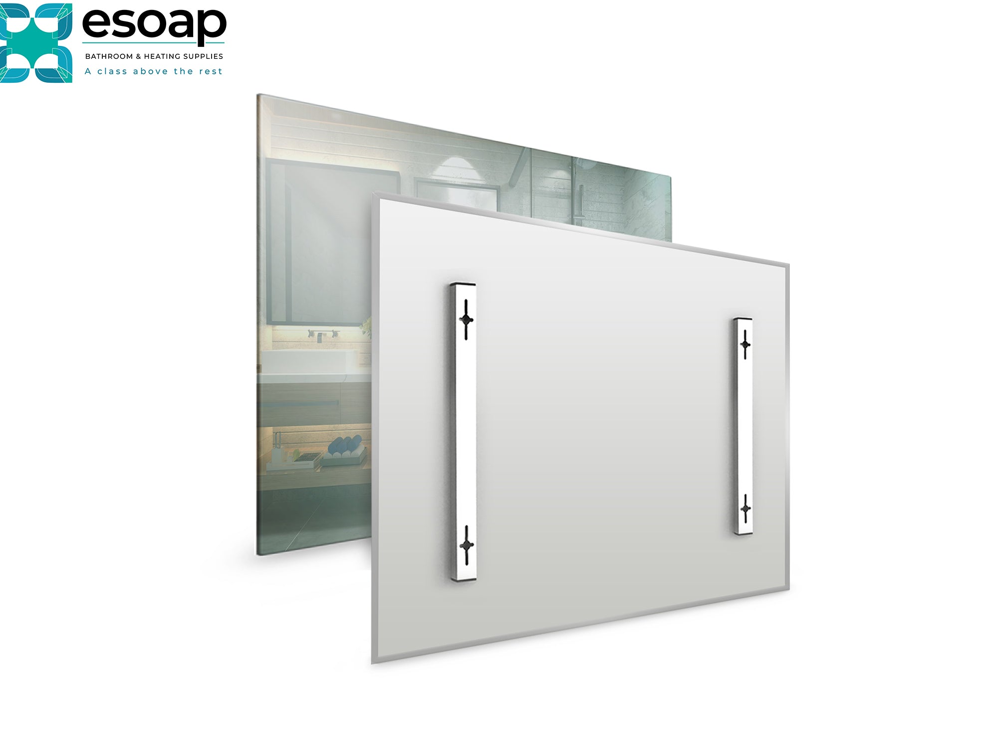 Front and Back of 450W Mirrored Wi-Fi Infrared Heating Panel on a white background, featuring the Esoap logo.