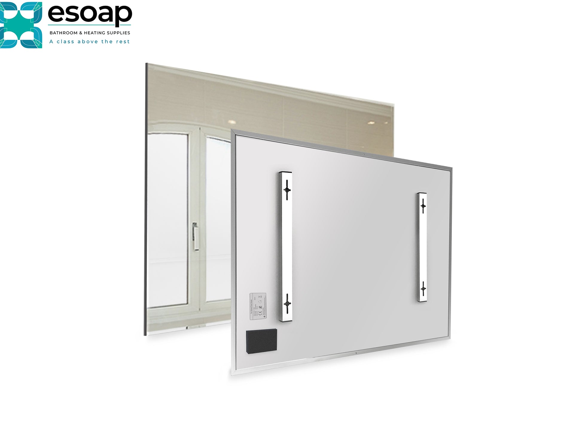 front and back of 450W Mirrored Wi-Fi Infrared Heating Panel featuring Esoap logo.