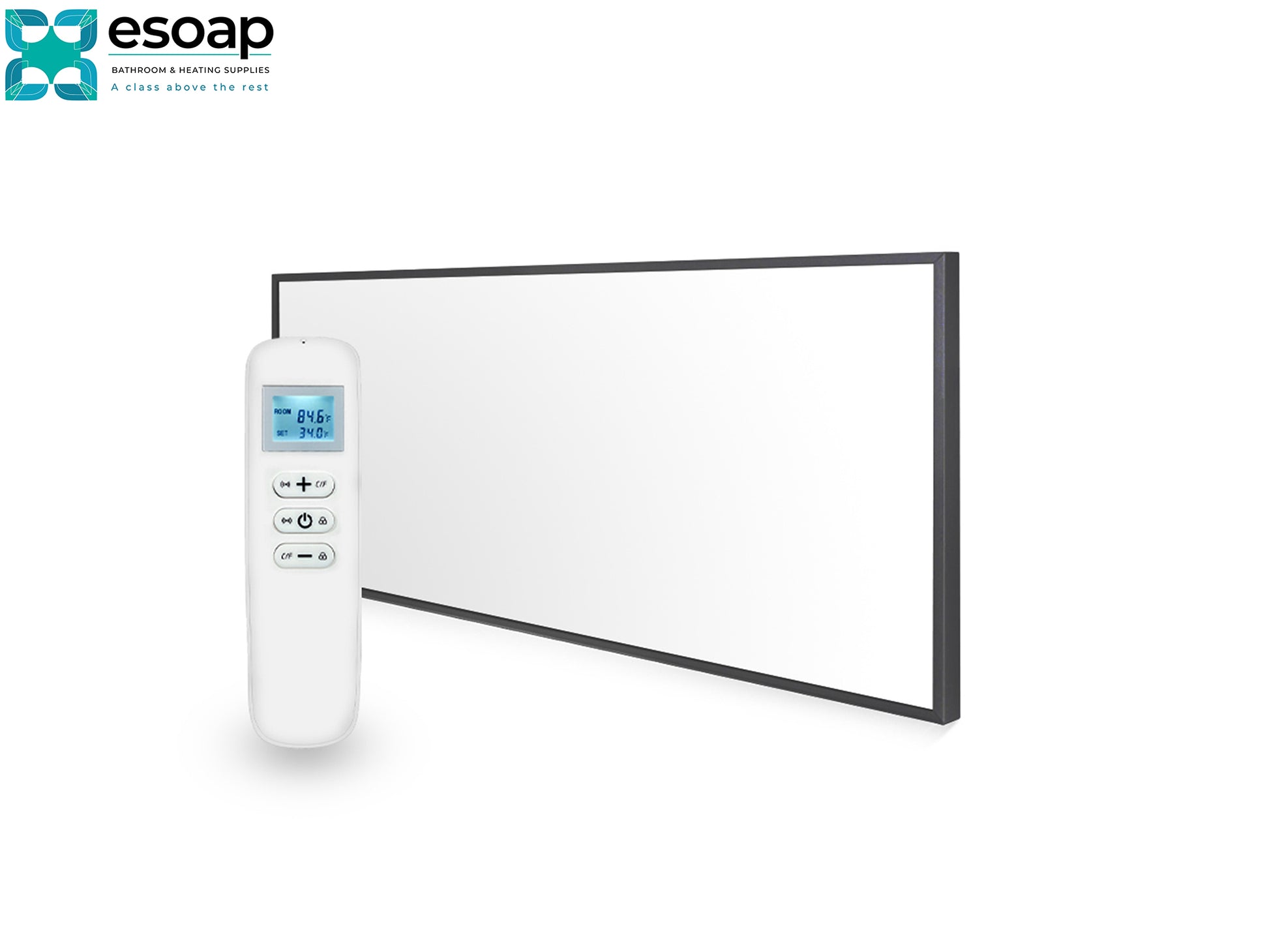 Rectangular 700W Nexus Wi-Fi Infrared Heating Panel with remote control on a white background, featuring the Esoap brand.