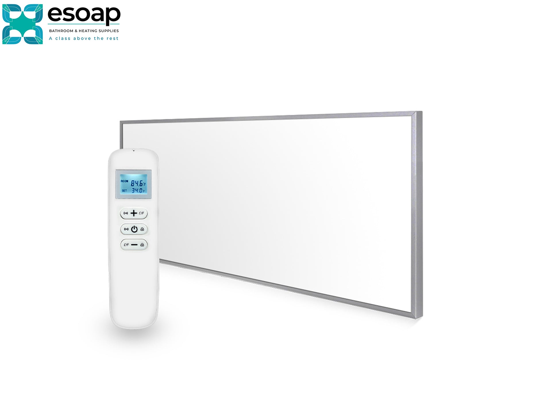 Silver Rectangular 700W Nexus Wi-Fi Infrared Heating Panel with remote control on a white background, featuring the Esoap brand.