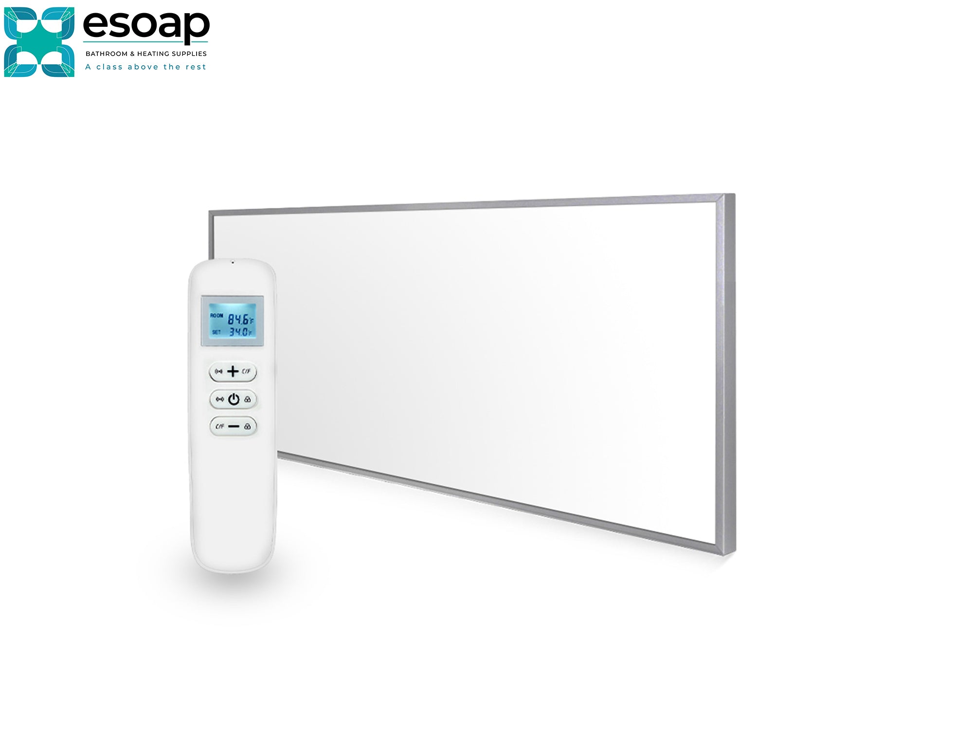 Silver Rectangular 700W Nexus Wi-Fi Infrared Heating Panel with remote control on a white background, featuring the Esoap brand.