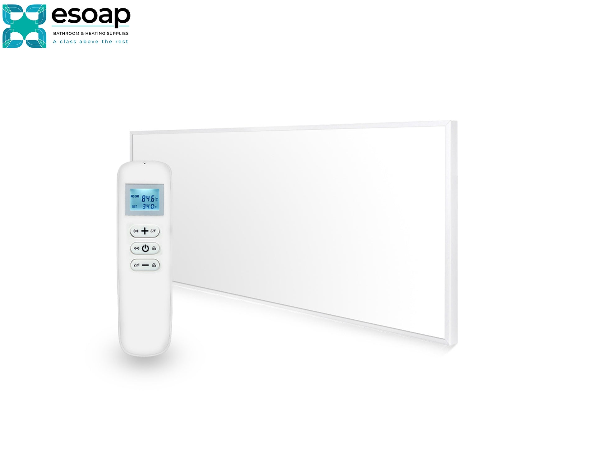White rectangular 700W Nexus Wi-Fi Infrared Heating Panel with digital controller on a white background, featuring the Esoap brand.