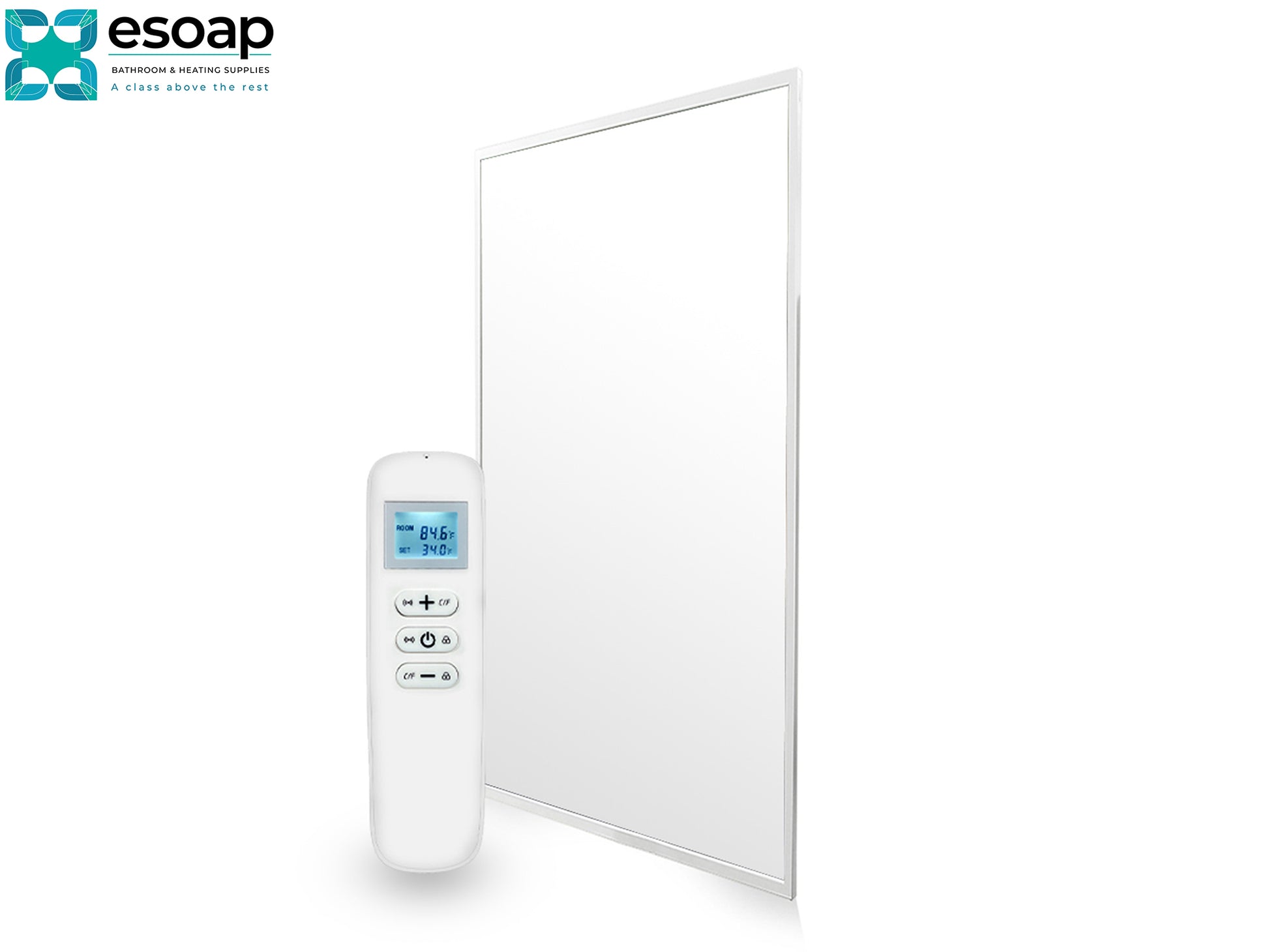 White 700W Nexus Wi-Fi Infrared Heating Panel with digital display on a white background, featuring the Esoap brand.