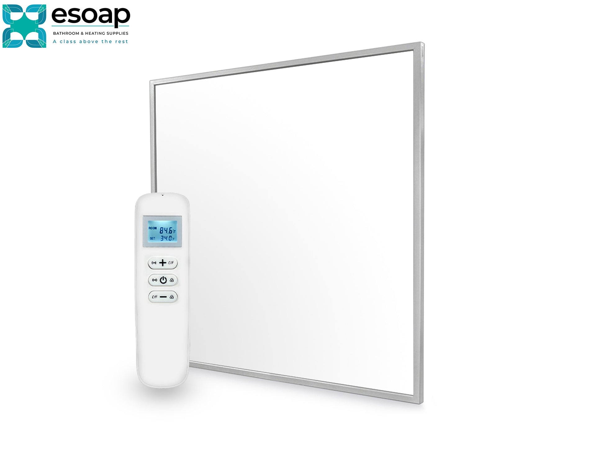 Silver 350W Nexus Wi-Fi Infrared Heating Panel with remote control on a white background, featuring the Esoap brand.