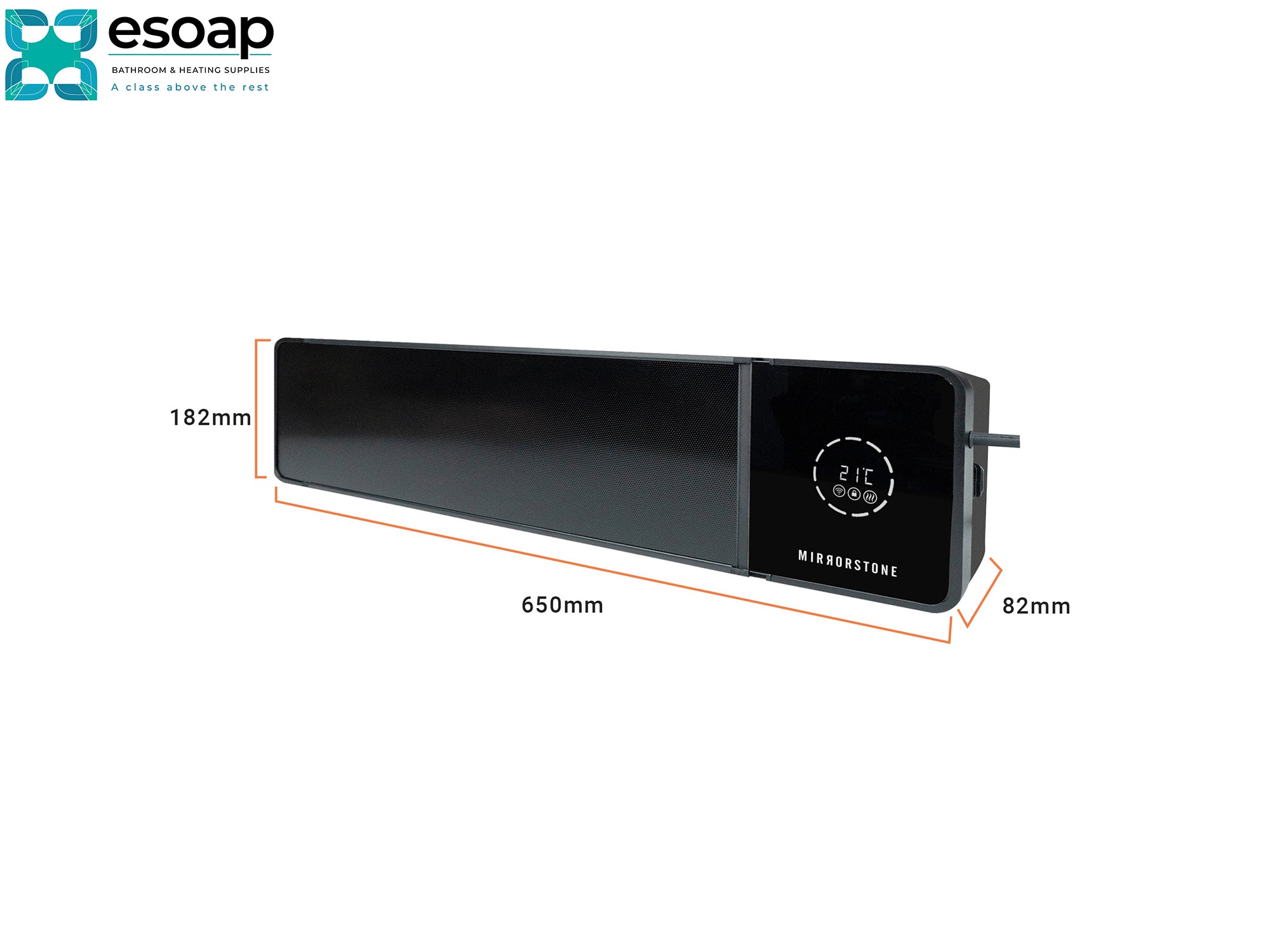 1.5kW Theia Wi-Fi Remote Controllable with dimensions labeled on a white background, featuring the Esoap brand.