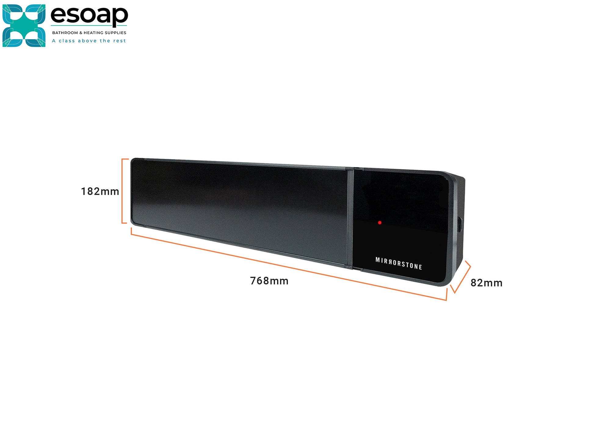 2.4kW Thela Infrared Bar Heater with dimensions labeled on a white background, featuring the Esoap logo.
