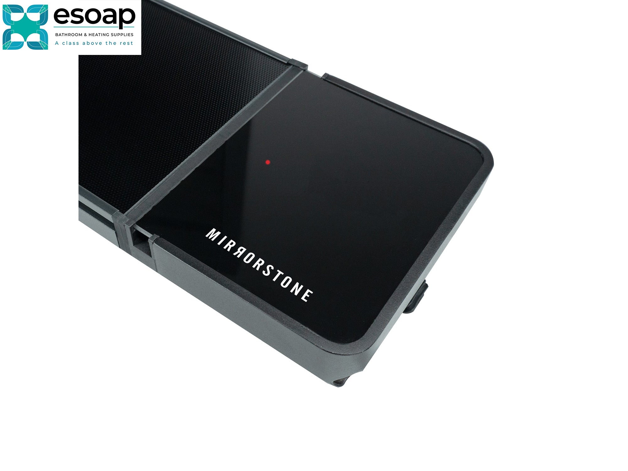 2.4kW Thela Infrared Bar Heater with 'MIRRORSTONE' branding on a white background, featuring the Esoap logo.