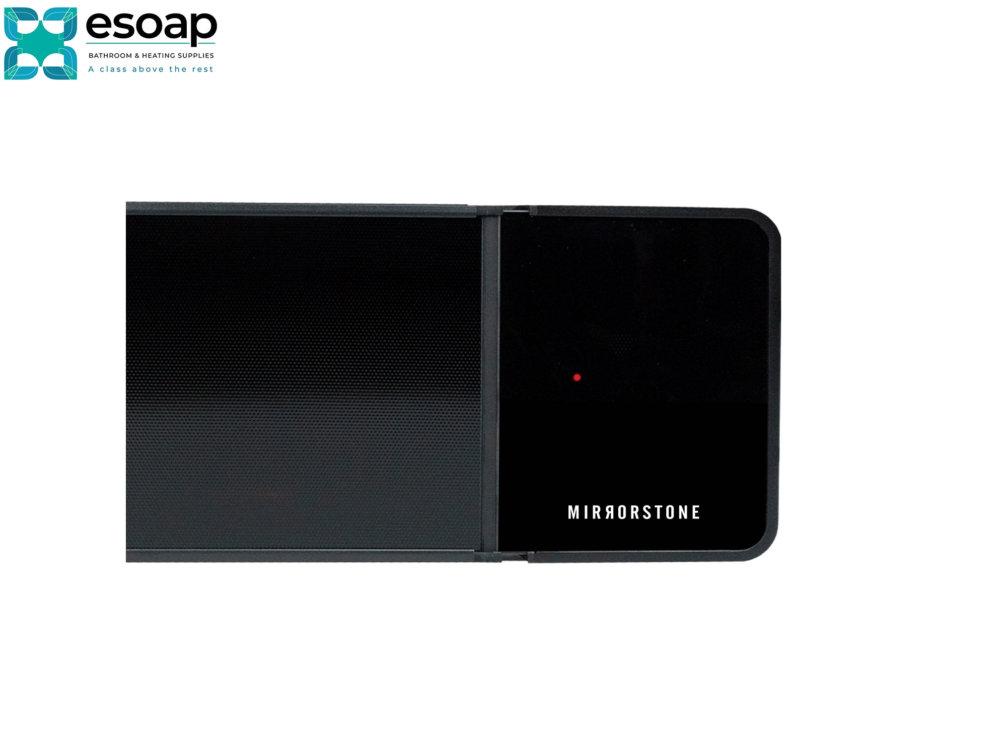 2.4kW Thela Infrared Bar Heater with 'Mirrorstone' branding on a white background on standby