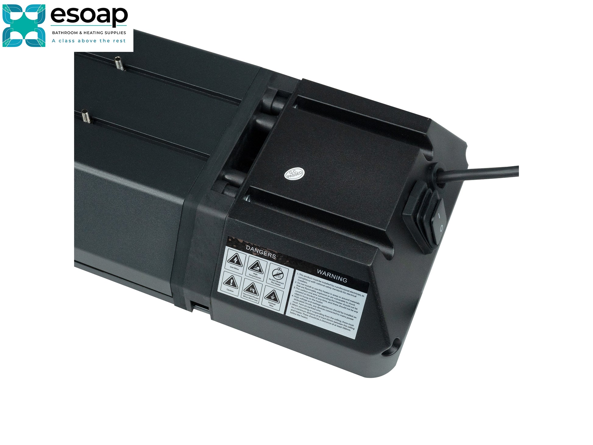back of 2.4kW Thela Infrared Bar Heater with warning labels on a white background, featuring the Esoap logo.