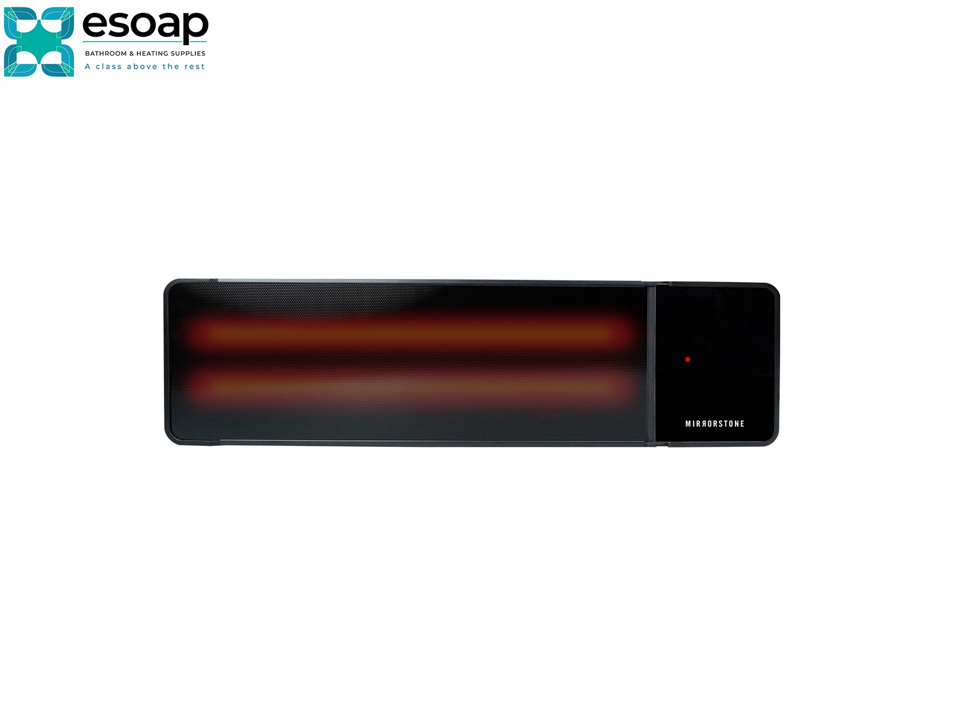 2.4kW Thela Infrared Bar Heater with red interior light on a white background, featuring the Esoap brand logo.
