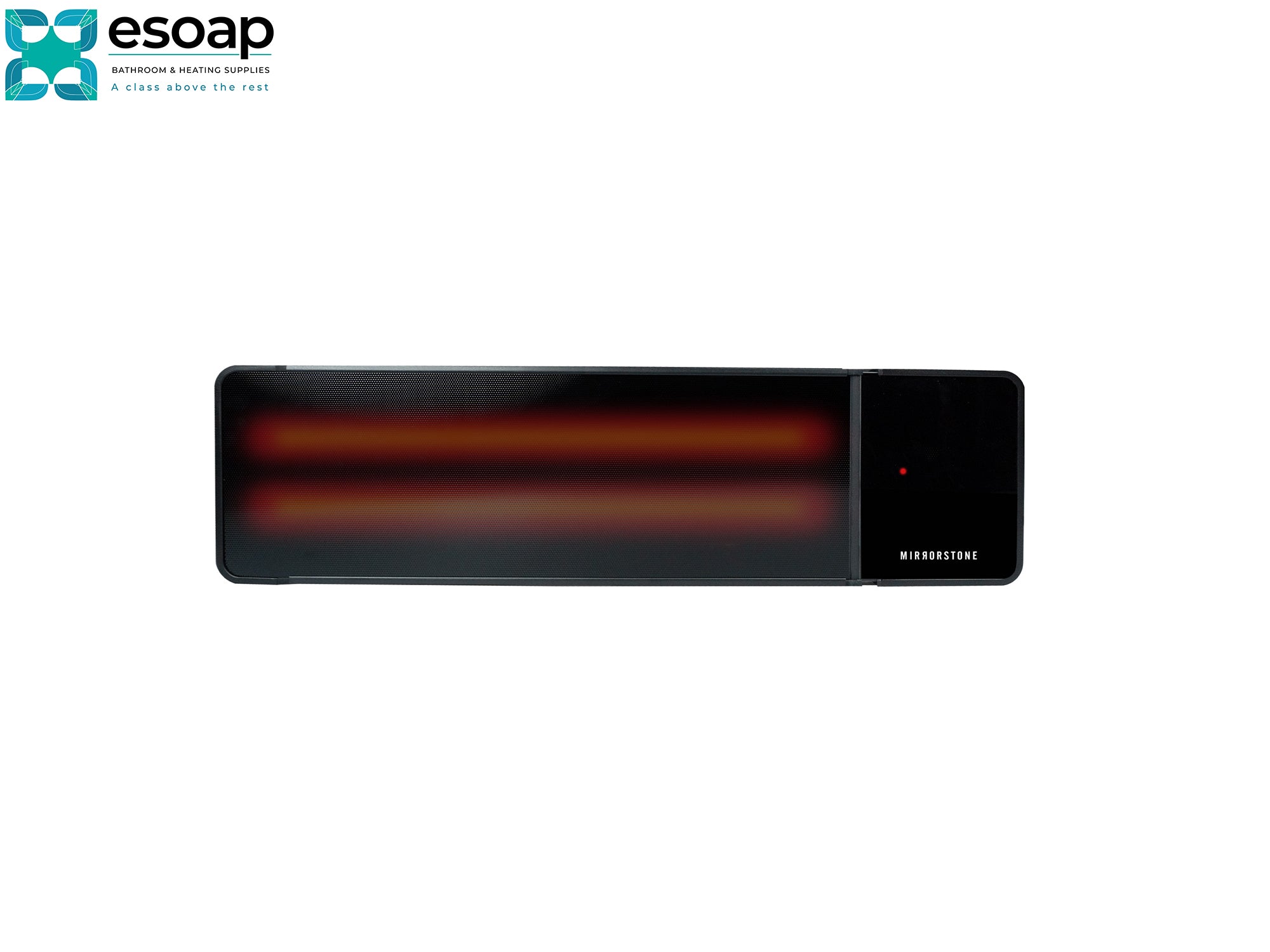 2.4kW Thela Infrared Bar Heater with red interior light on a white background, featuring the Esoap brand logo.