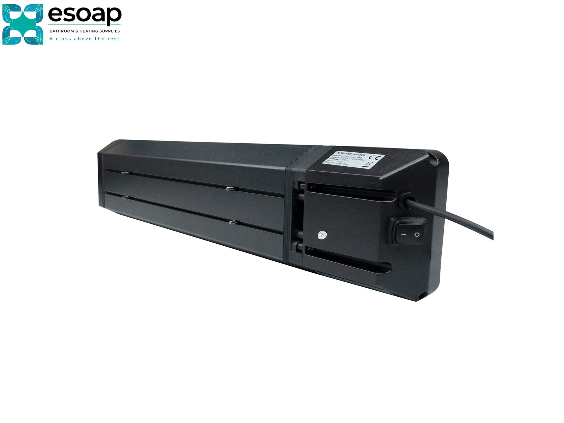 2.4kW Thela Infrared Bar Heater with a label on a white background, featuring the Esoap logo.