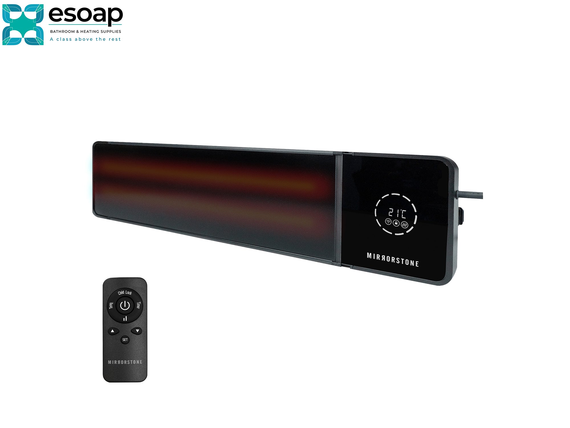 2.4kW Theia Wi-Fi Remote Controllable with digital display and remote control on a white background, featuring the Esoap brand.