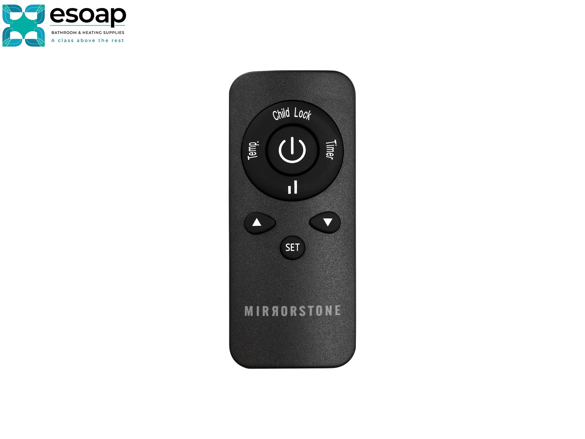 Black remote control with 'Mirrorstone' branding on a white background for 2.4kW Theia Wi-Fi Remote Controllable