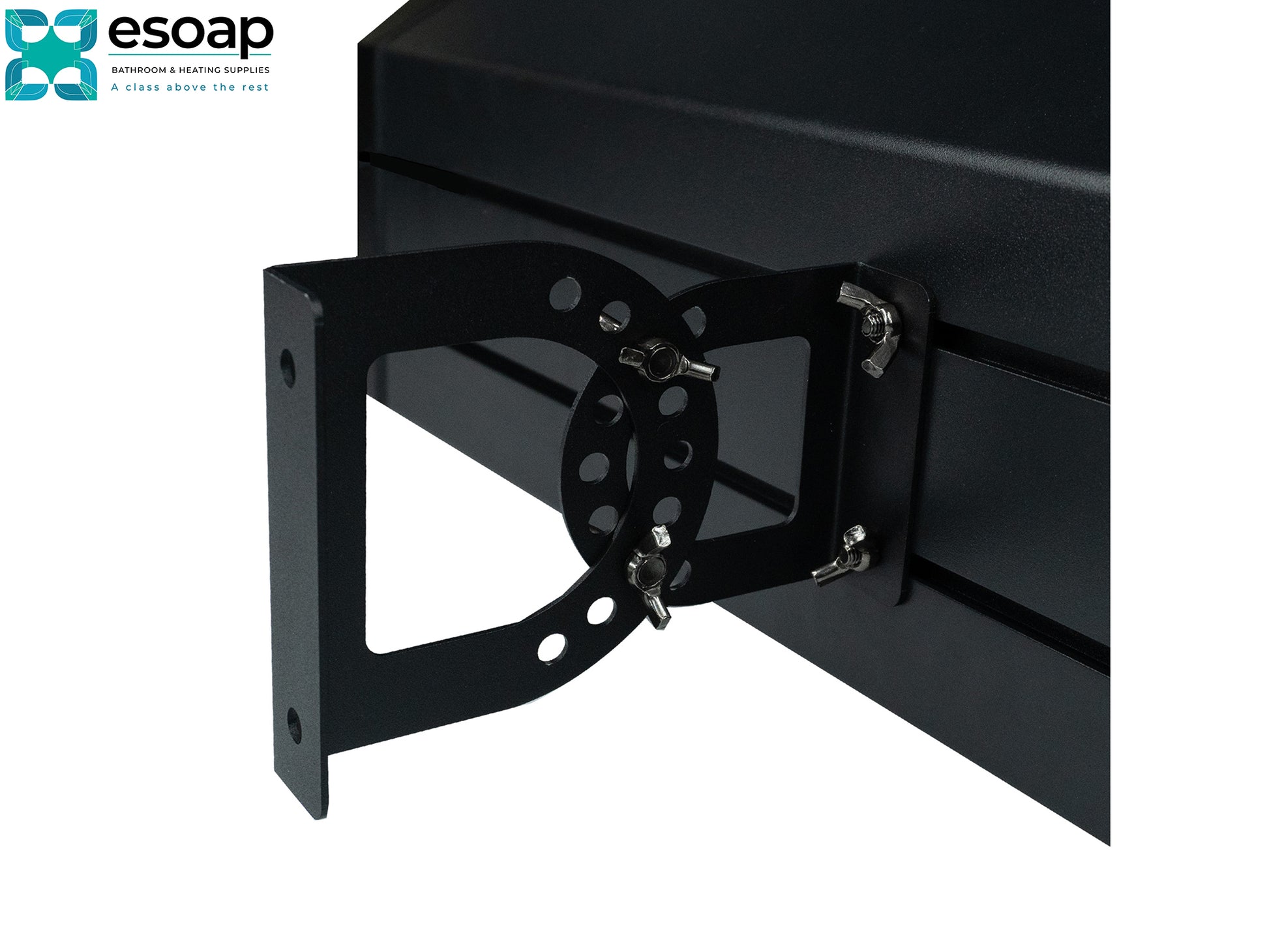 Black wall mount bracket on a white background with 'esoap' logo for 2.4kW Theia Wi-Fi Remote Controllable