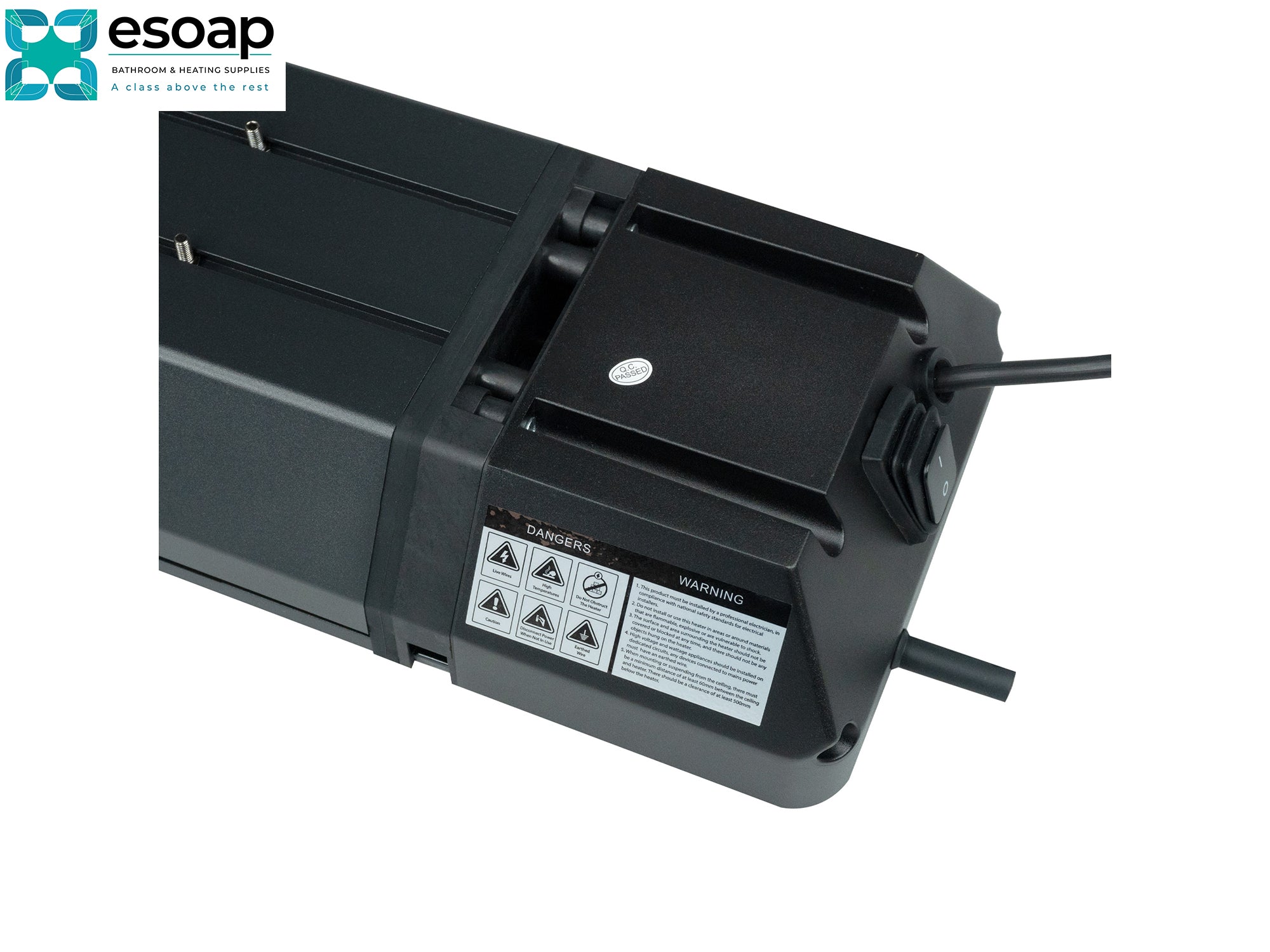 Back of 2.4kW Theia Wi-Fi Remote Controllable with warning labels on a white background, featuring the Esoap logo.