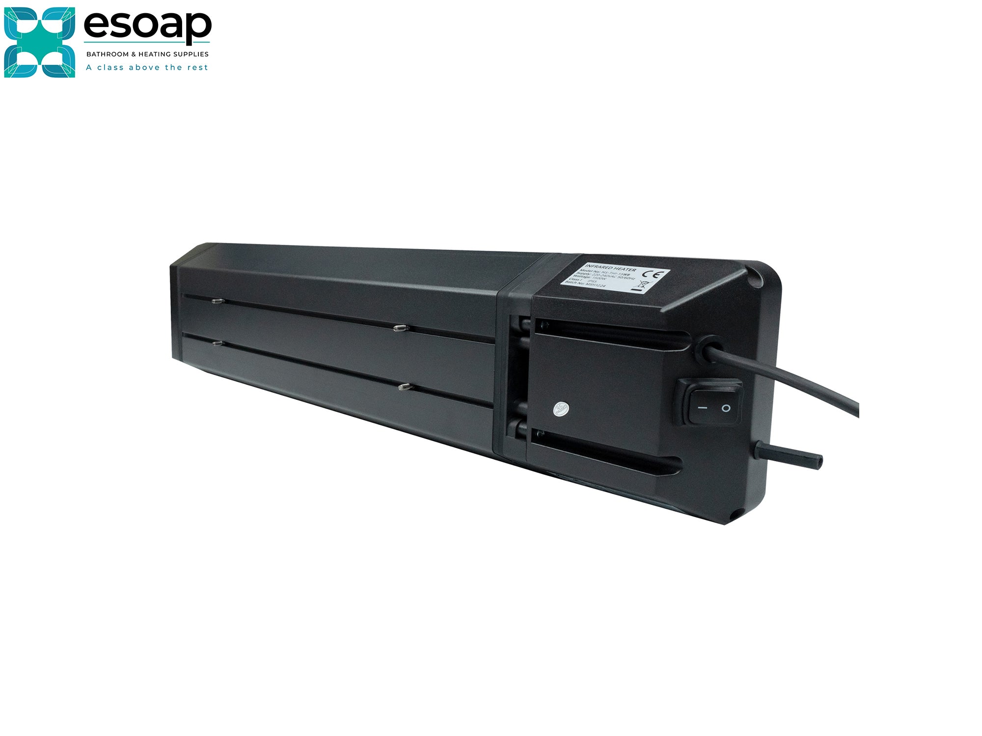 Side back of 2.4kW Theia Wi-Fi Remote Controllable with a label on a white background, featuring the Esoap logo.