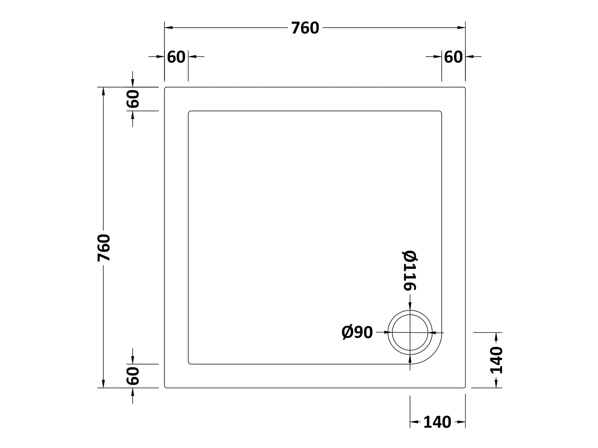 Nuie Slip Resistant Square Shower Tray 760 x 760mm - European White