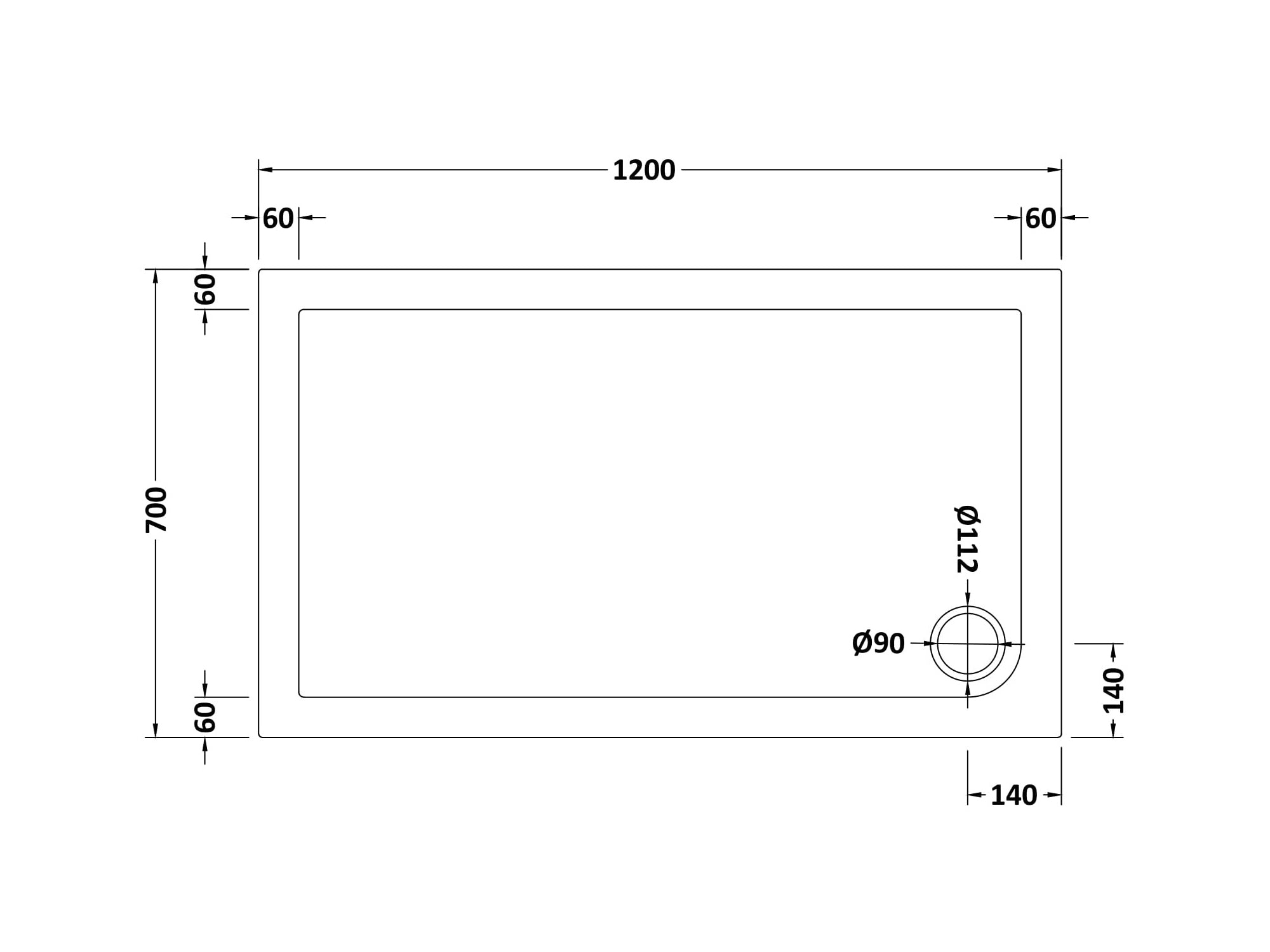 Nuie Slip Resistant Rectangular Shower Tray 1200 x 700mm