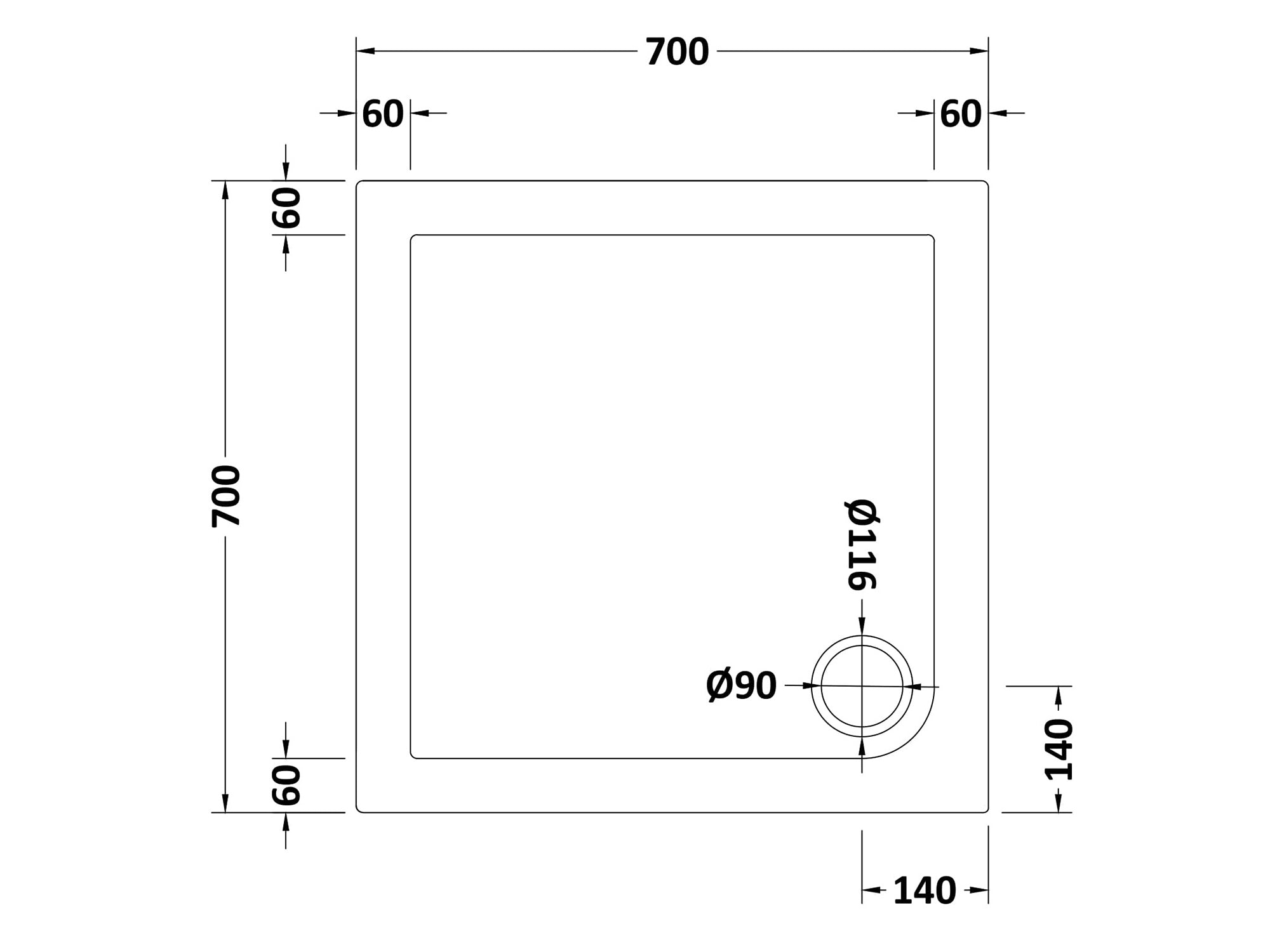 Nuie Square Shower Tray 700 x 700mm - White