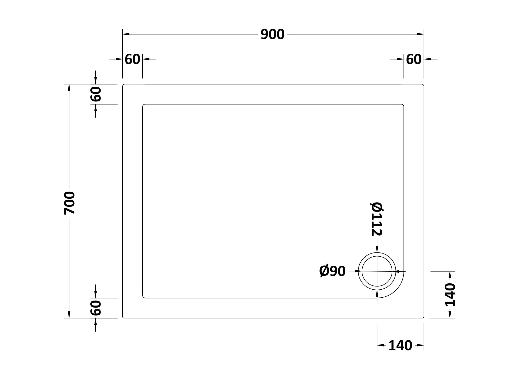 Nuie Rectangular Shower Tray 900 x 700mm - White