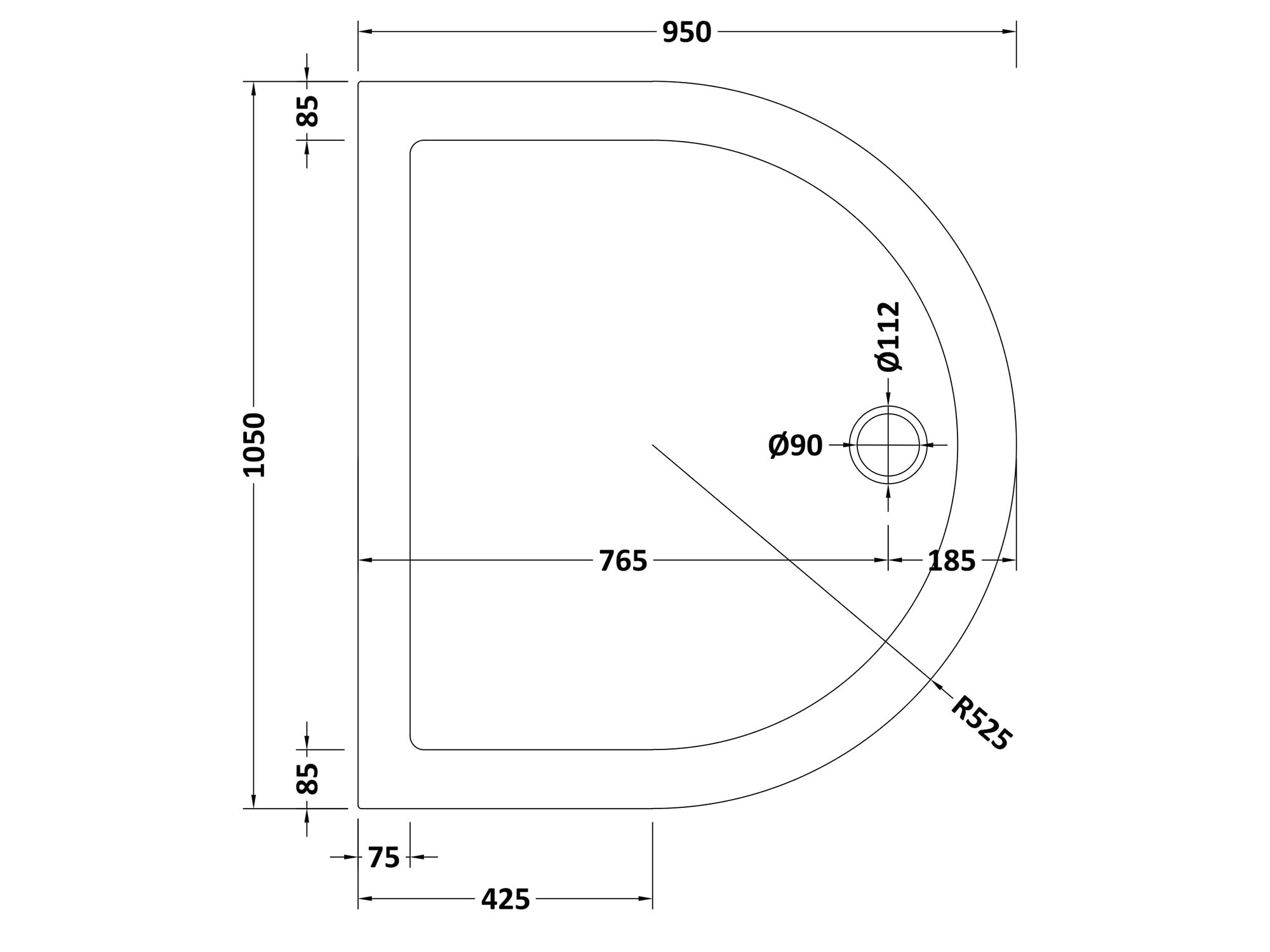 Nuie D Shape Shower Tray 1050mm - White