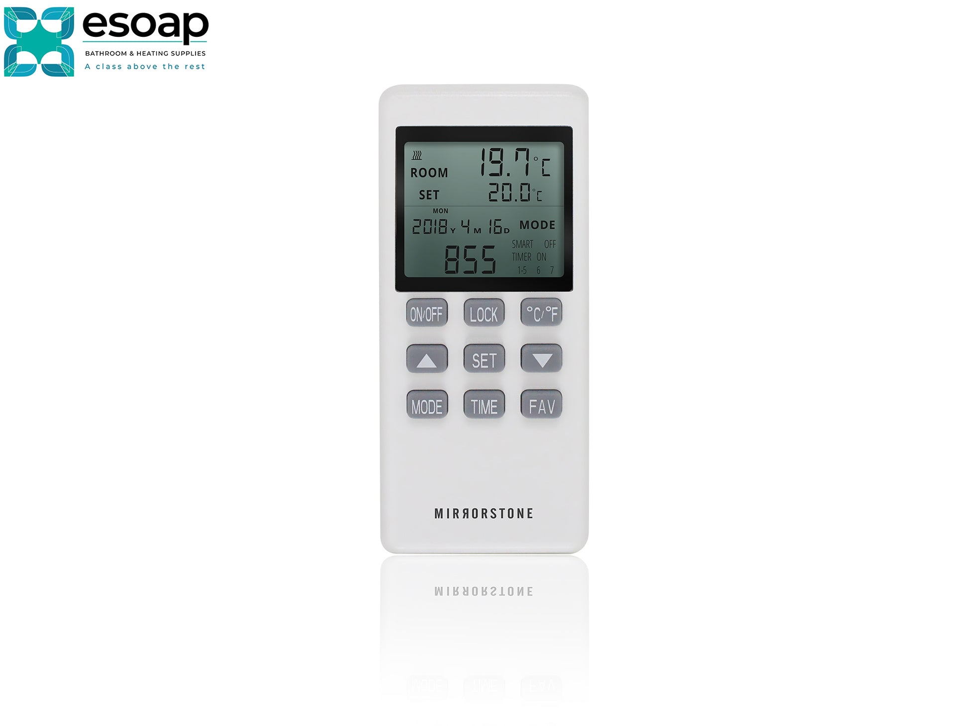 White electronic device with digital display and control buttons on a white background, featuring the Esoap logo for 350W NXT Gen Infrared Heating Panel