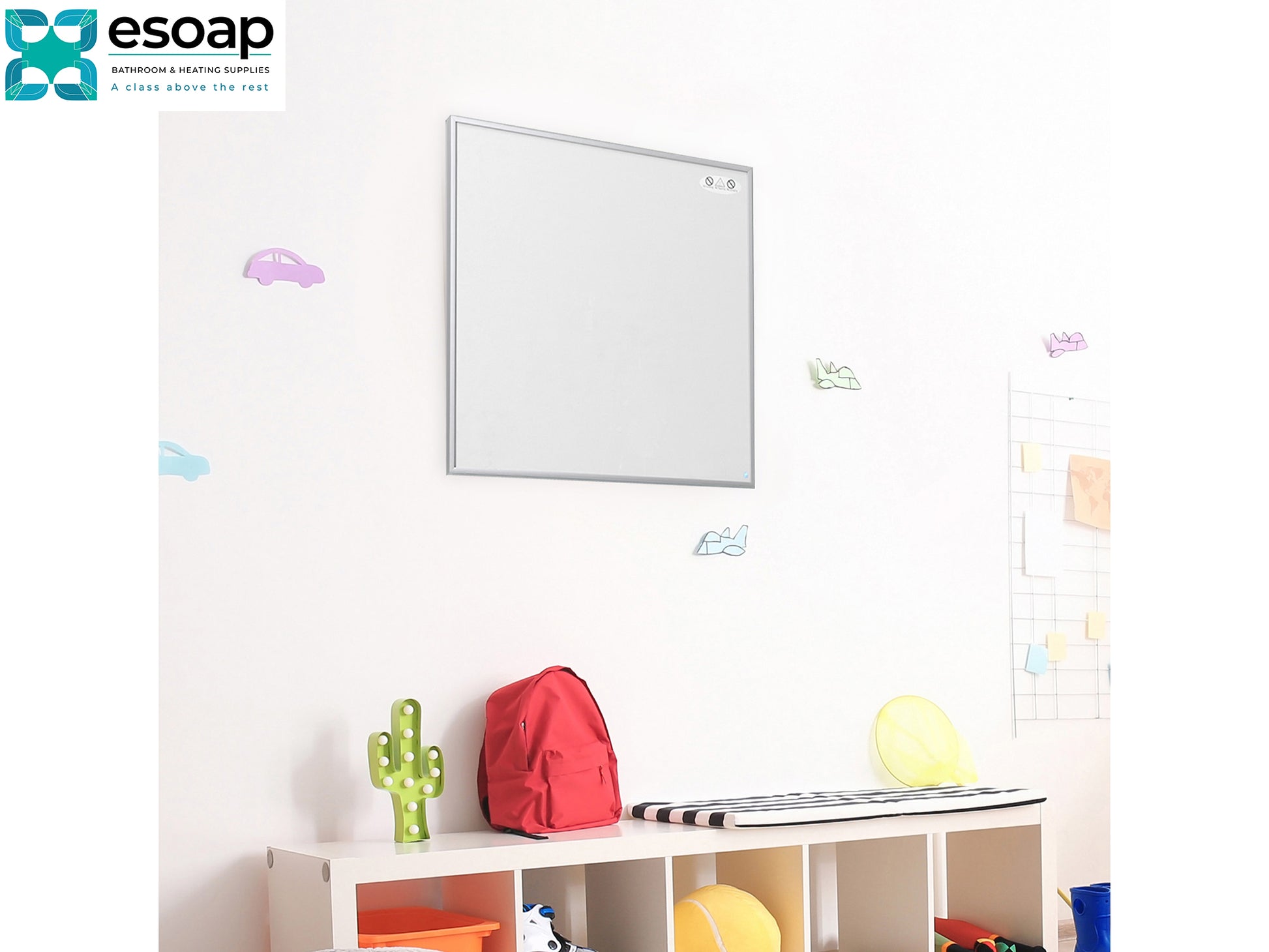 350W NXT Gen Infrared Heating Panel on a wall with colorful decorations and a shelf below
