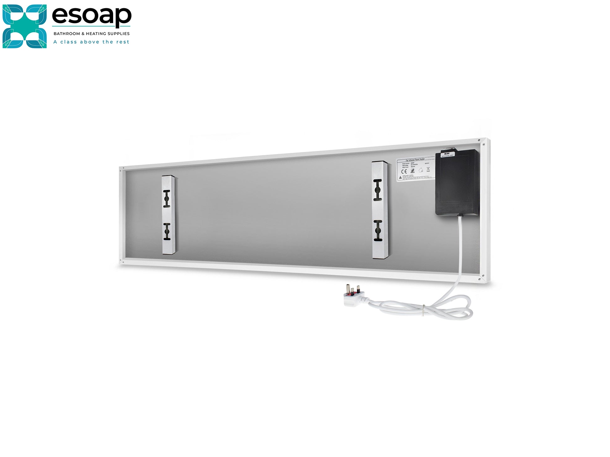back of 350W Ultra Slim NXT Gen Infrared Heating Panel with a power cord on a white background, featuring the Esoap brand.