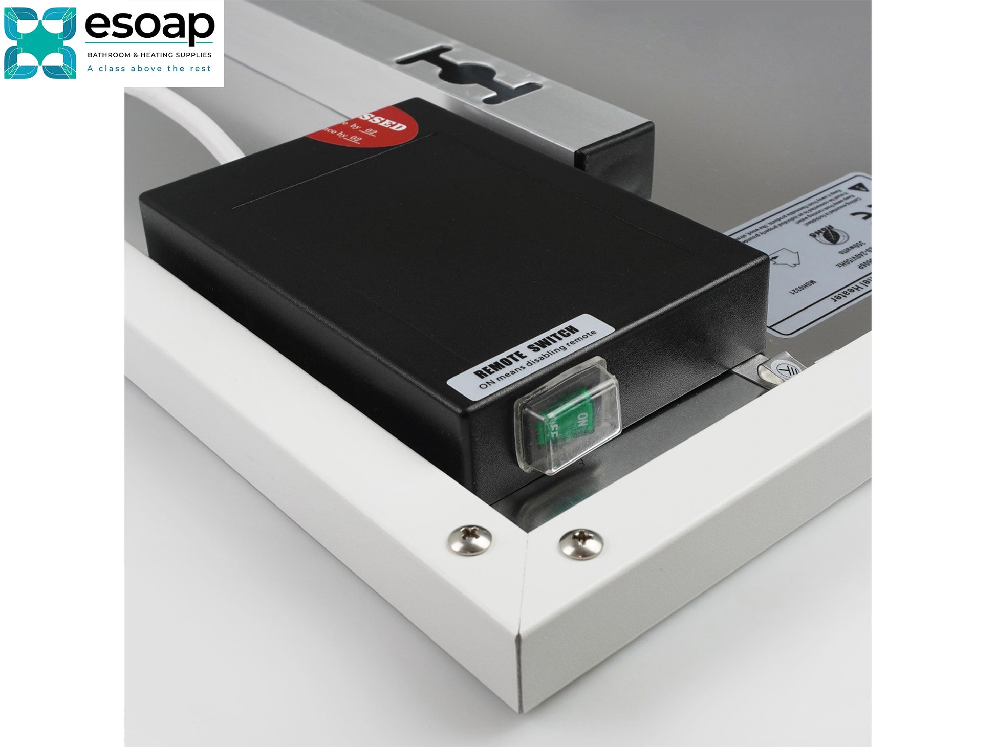 Black electronic device with a red label on a white surface, featuring the Esoap logo for 350W Ultra Slim NXT Gen Infrared Heating Panel
