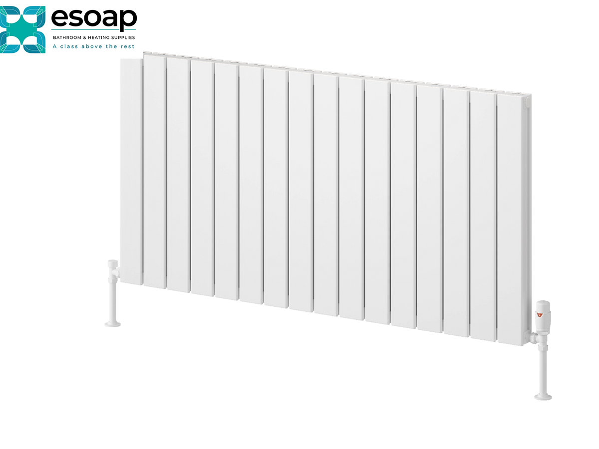 A white panel radiators by Esoap, featuring vertical fins and white support legs, shown on a clean white background with the Esoap logo in the top-left corner. Reina Piatto Horizontal Double 600x1195 White Designer Radiator