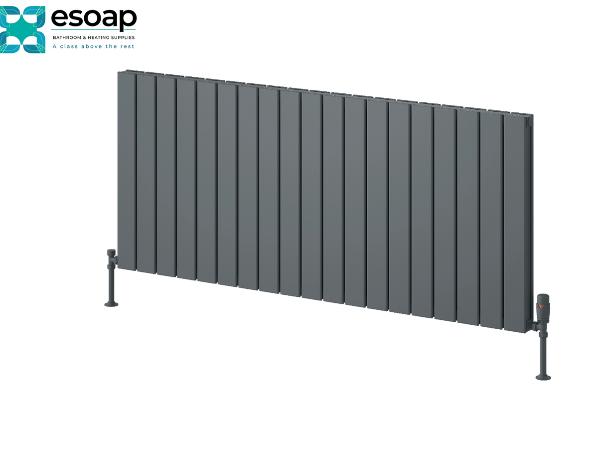A dark gray vertical-panel radiator shown at an angle on a white background, with the Esoap logo in the top-left corner. Reina Piatto Horizontal Double 600x1420 Anthracite Designer Radiator