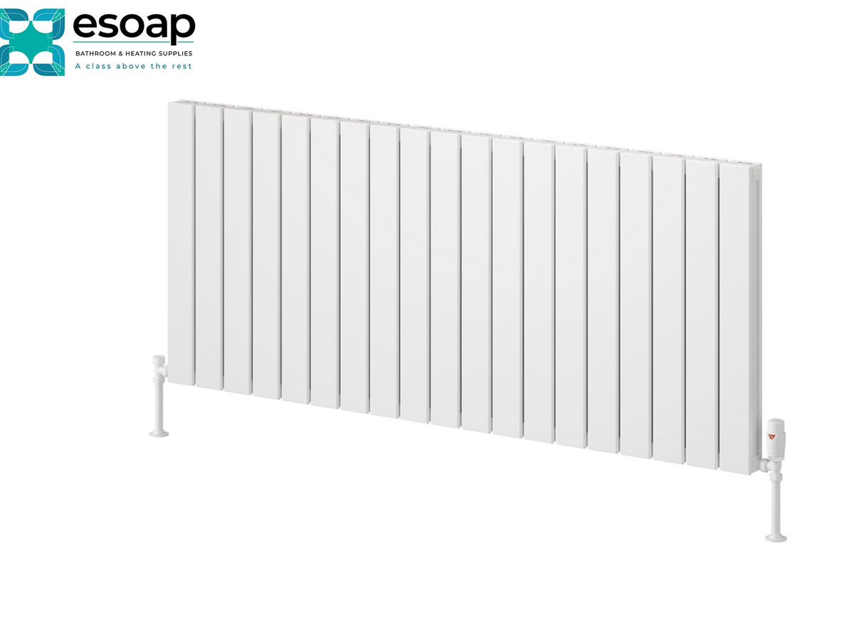 A white panel radiators by Esoap, featuring vertical fins and a control valve at the bottom right, shown on a clean white background with the Esoap logo in the top-left corner. Reina Piatto Horizontal Double 600x1420 White Designer Radiator