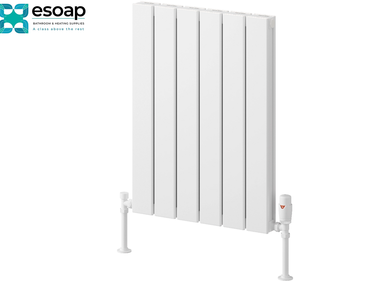A white vertical panel radiator shown on a plain white background, with a small Esoap logo in the top-left corner. Reina Piatto Horizontal Double 600x445 White Designer Radiator
