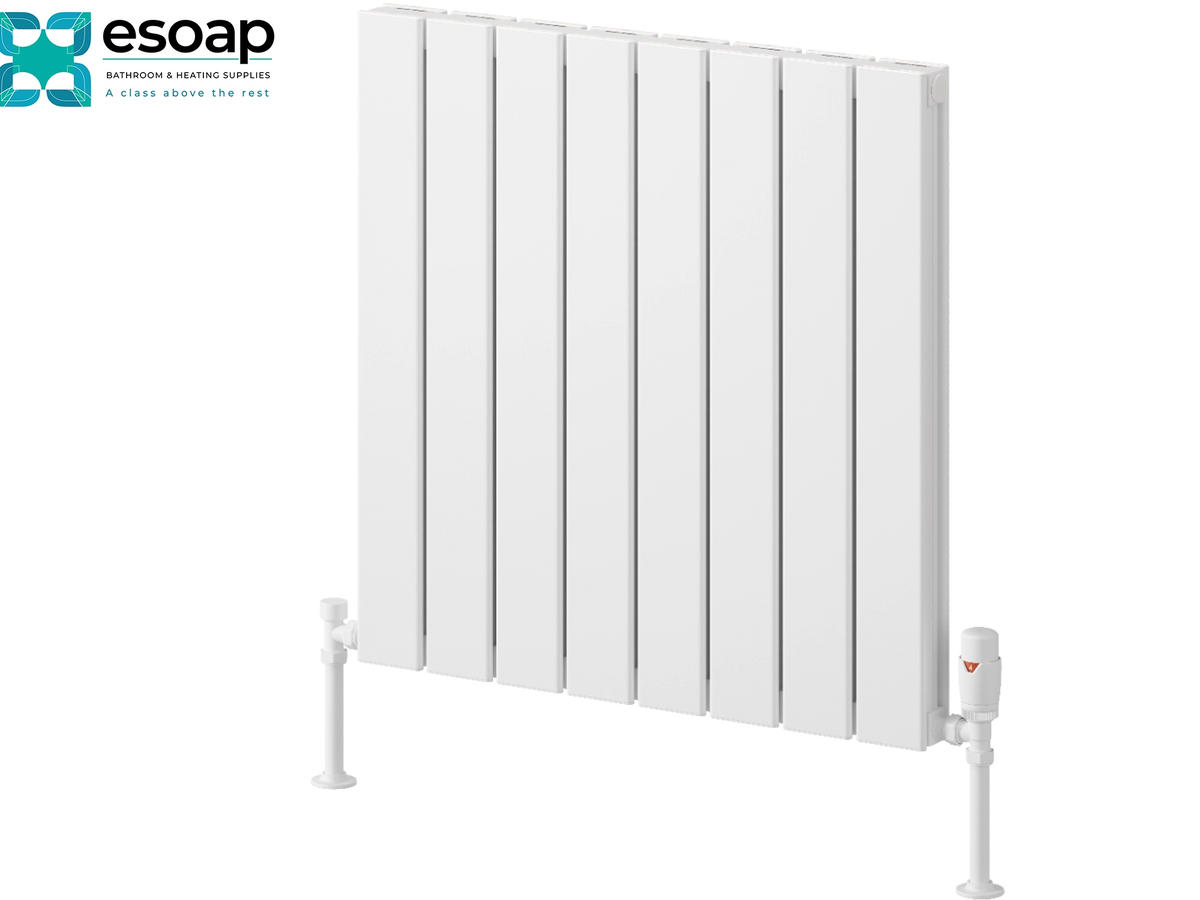 White panel radiators by Esoap, featuring a modern multi-panel design with a central valve and bottom support legs, shown on a white background with the Esoap logo in the top-left corner. Reina Piatto Horizontal Double 600x595 White Designer Radiator