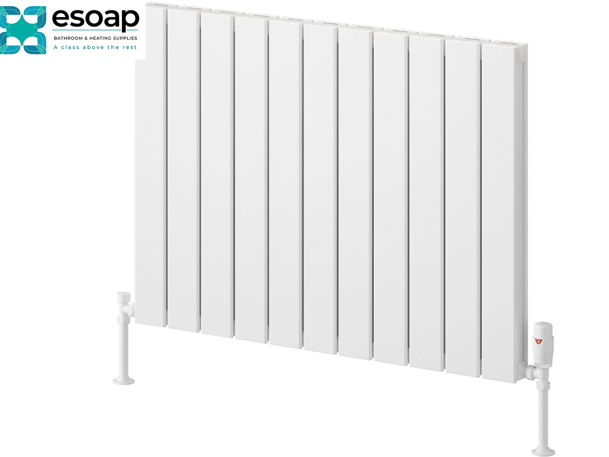 A white panel radiators with a vertical design, supported by two short legs, shown on a plain white background with an Esoap logo in the top-left corner. Reina Piatto Horizontal Double 600x820 White Designer Radiator