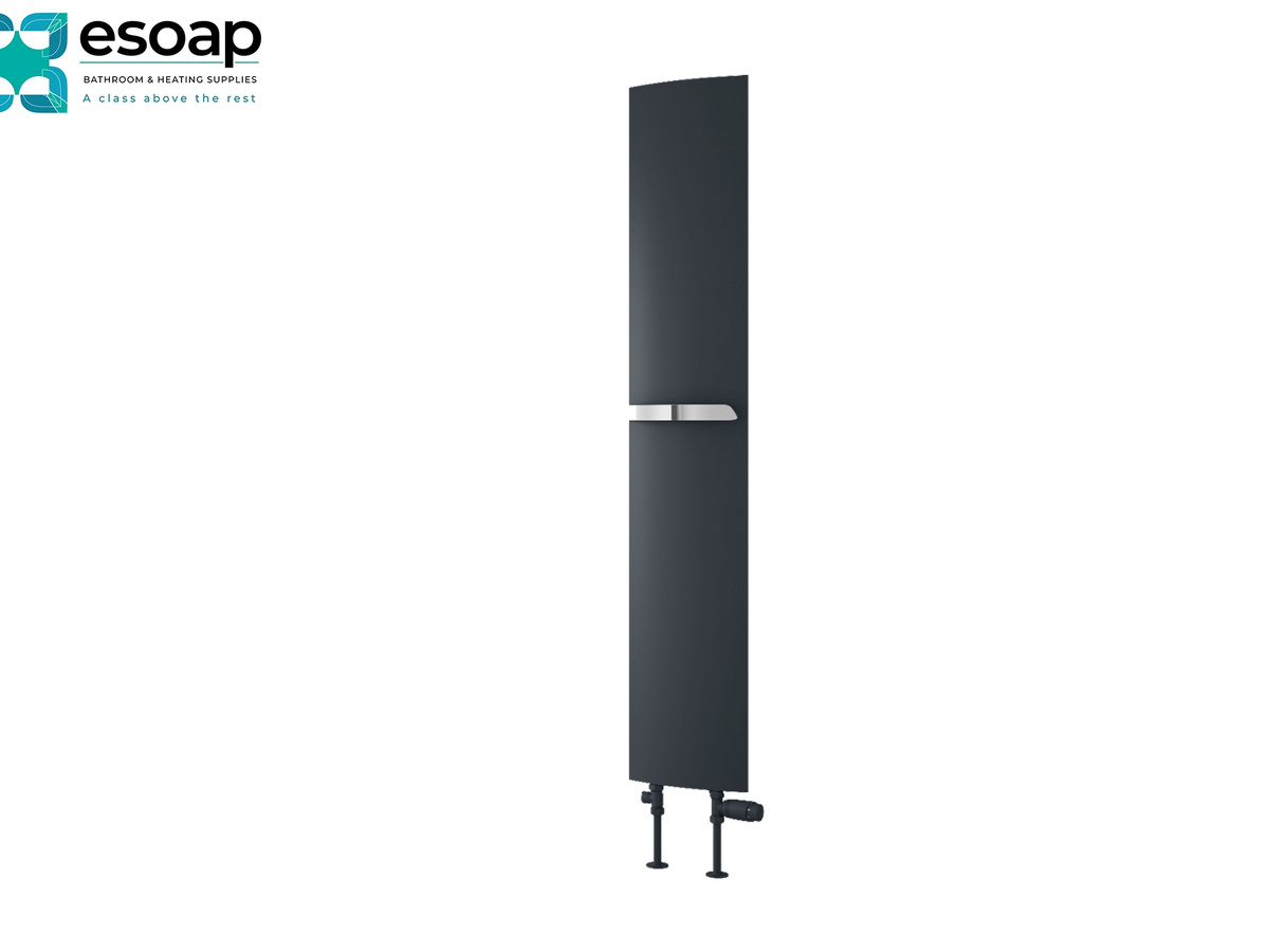 A tall, narrow dark charcoal gray radiator with a polished silver handle, shown on a plain white background with the Esoap logo in the top-left corner. Reina Picoli 1500x280 Anthracite Designer Radiator