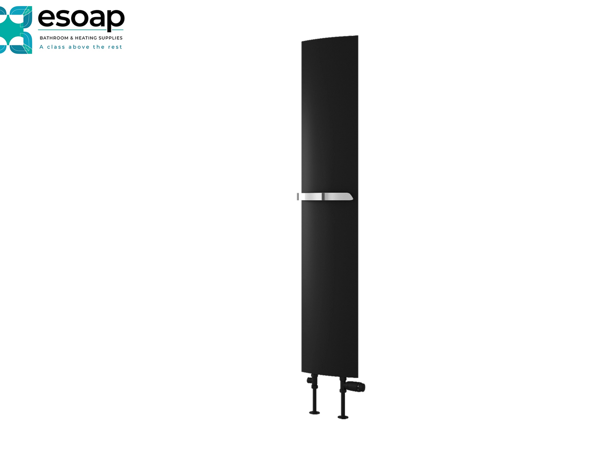 A tall, modern black radiator with a silver horizontal accent band and small foot valve at the base, shown on a plain white background with the Esoap logo in the top-left corner. Reina Picoli 1500x280 Black Designer Radiator
