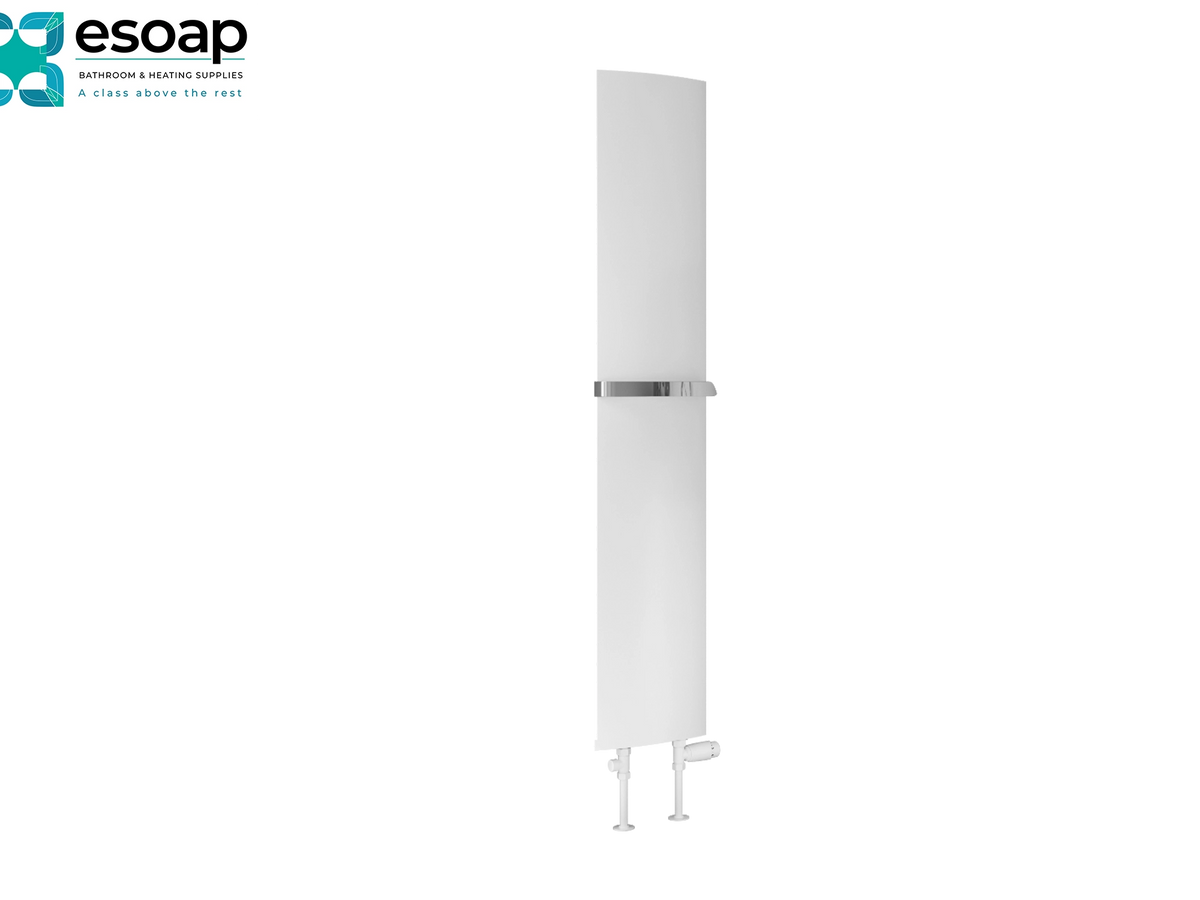 A tall, slim white radiator finned tube collector with a polished silver metal band in the middle and mounting pipes at the bottom, shown on a plain white background with the essoap logo in the top-left corner. Reina Picoli 1500x280 White Designer Radiator