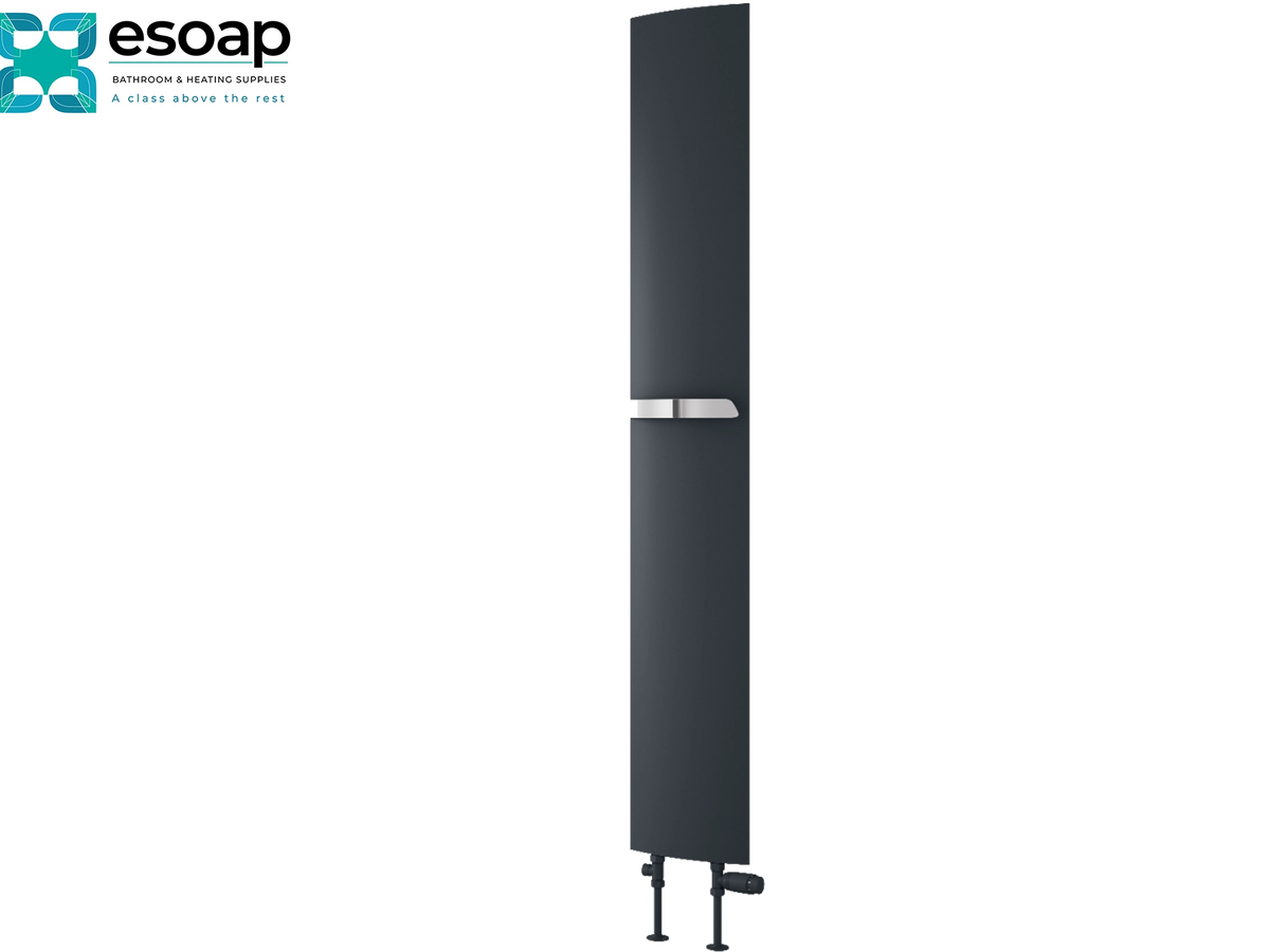 A tall, narrow matte black radiator finial with a polished silver horizontal accent band in the center, shown on a plain white background with the eosoap logo in the top-left corner. Reina Picoli 1800x280 Anthracite Designer Radiator